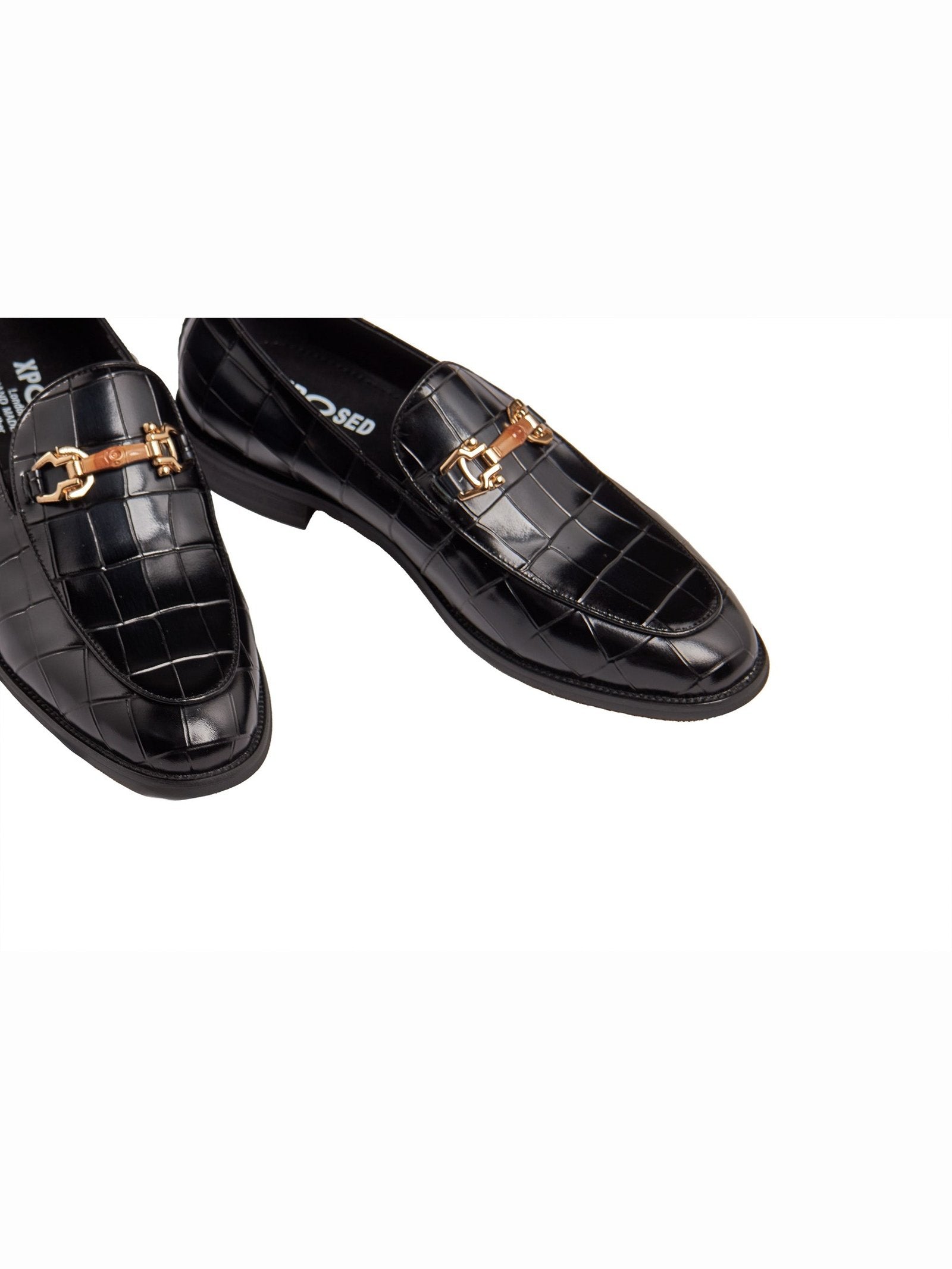 BLACK PRINTED GOLD BUCKLE LOAFERS