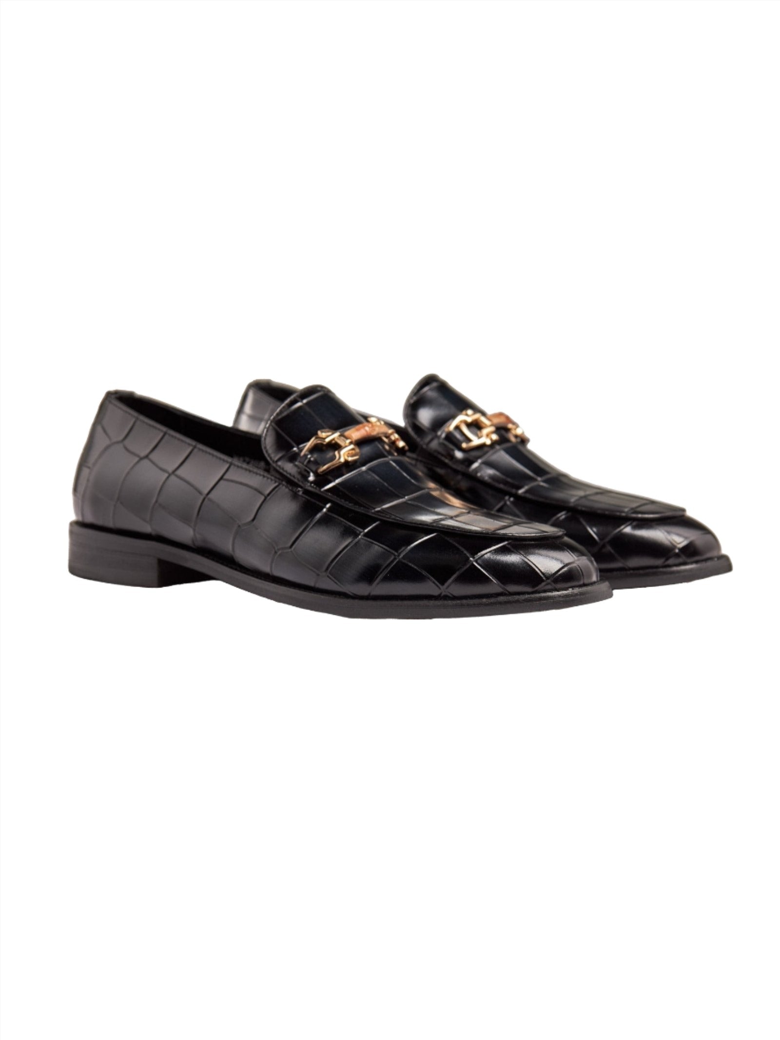 BLACK PRINTED GOLD BUCKLE LOAFERS