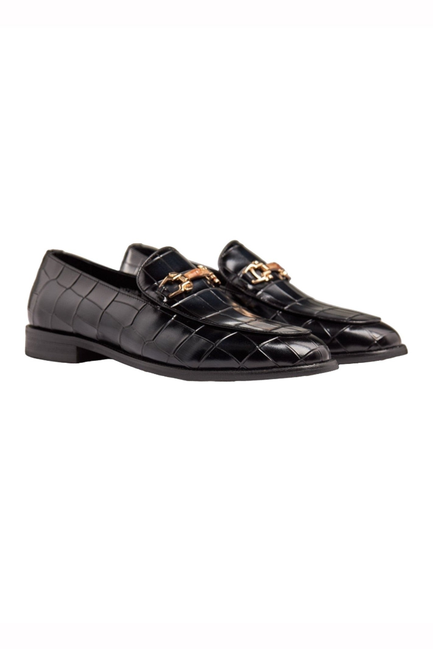 BLACK PRINTED GOLD BUCKLE LOAFERS
