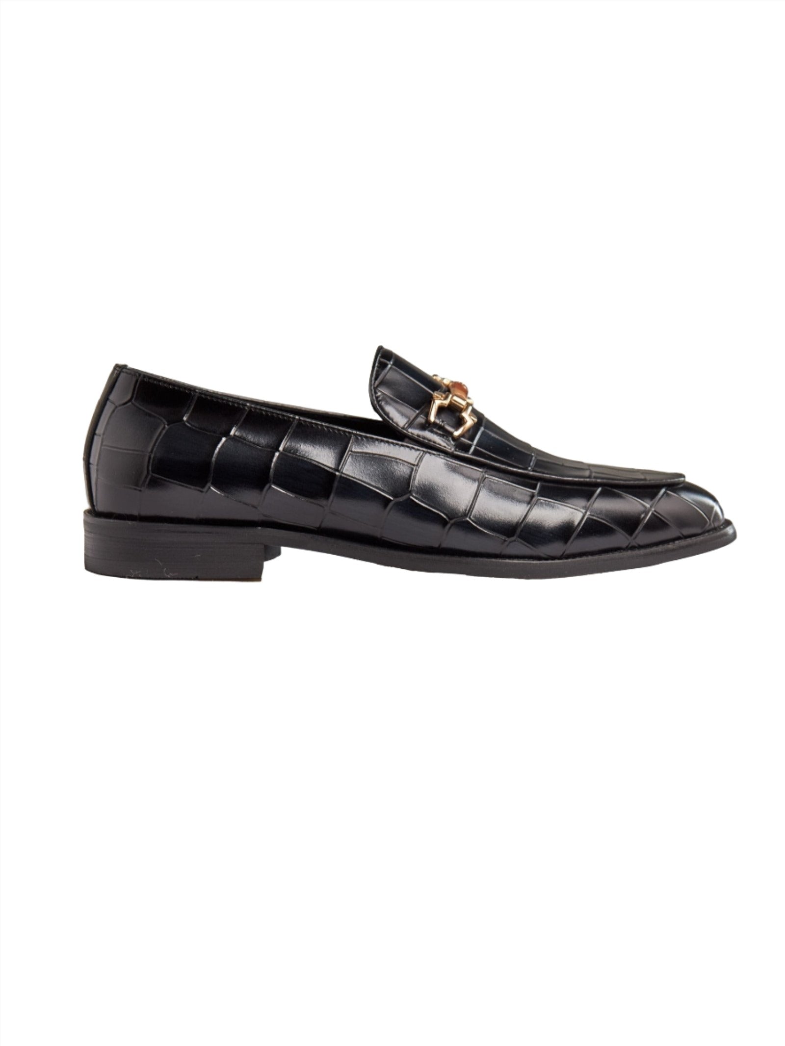 BLACK PRINTED GOLD BUCKLE LOAFERS