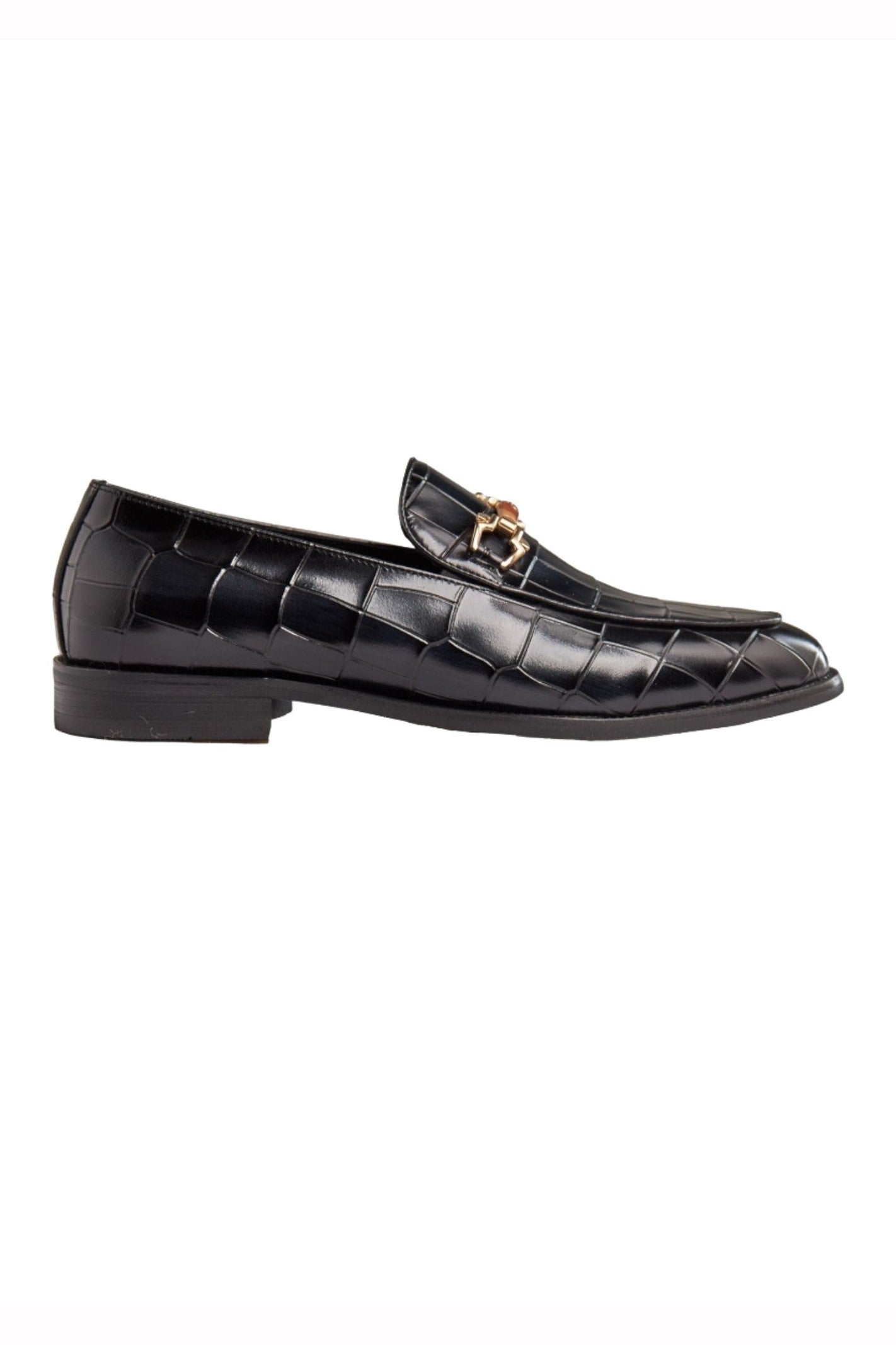 BLACK PRINTED GOLD BUCKLE LOAFERS