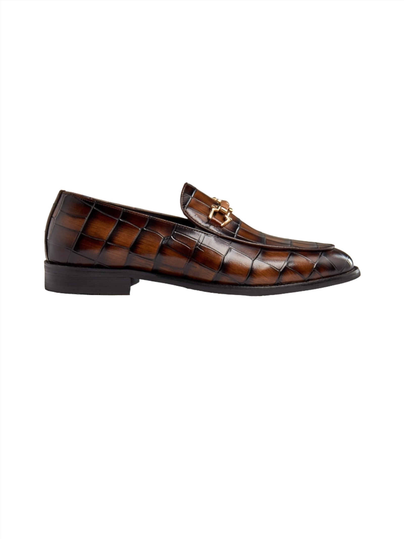 BROWN PRINTED GOLD BUCKLE LOAFERS
