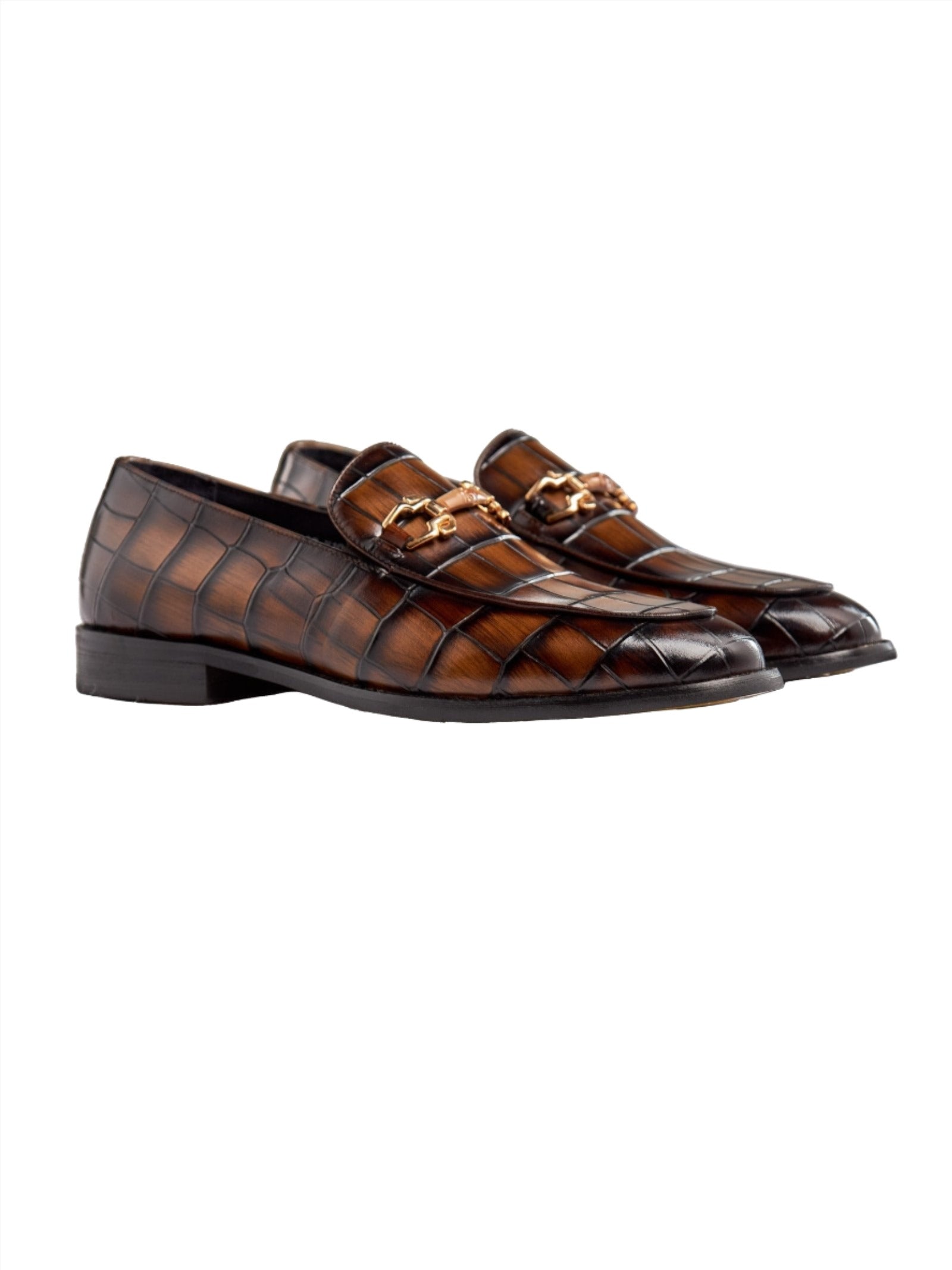 BROWN PRINTED GOLD BUCKLE LOAFERS
