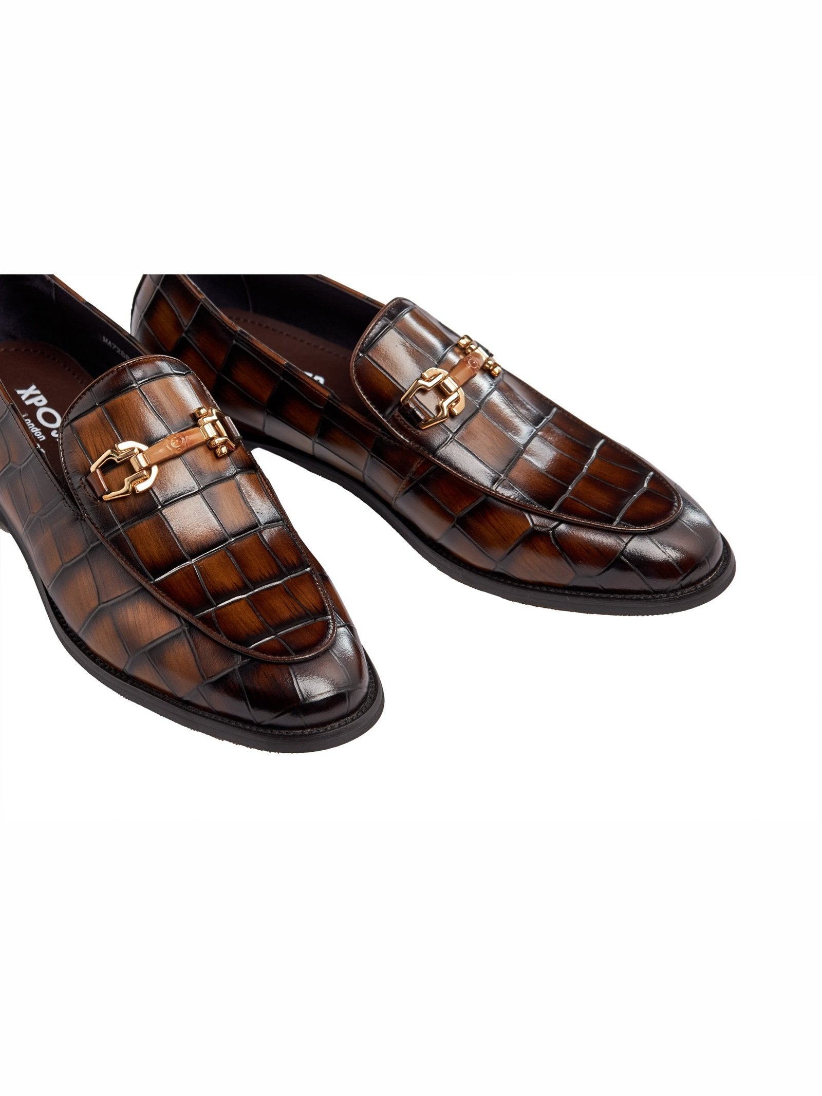 BROWN PRINTED GOLD BUCKLE LOAFERS