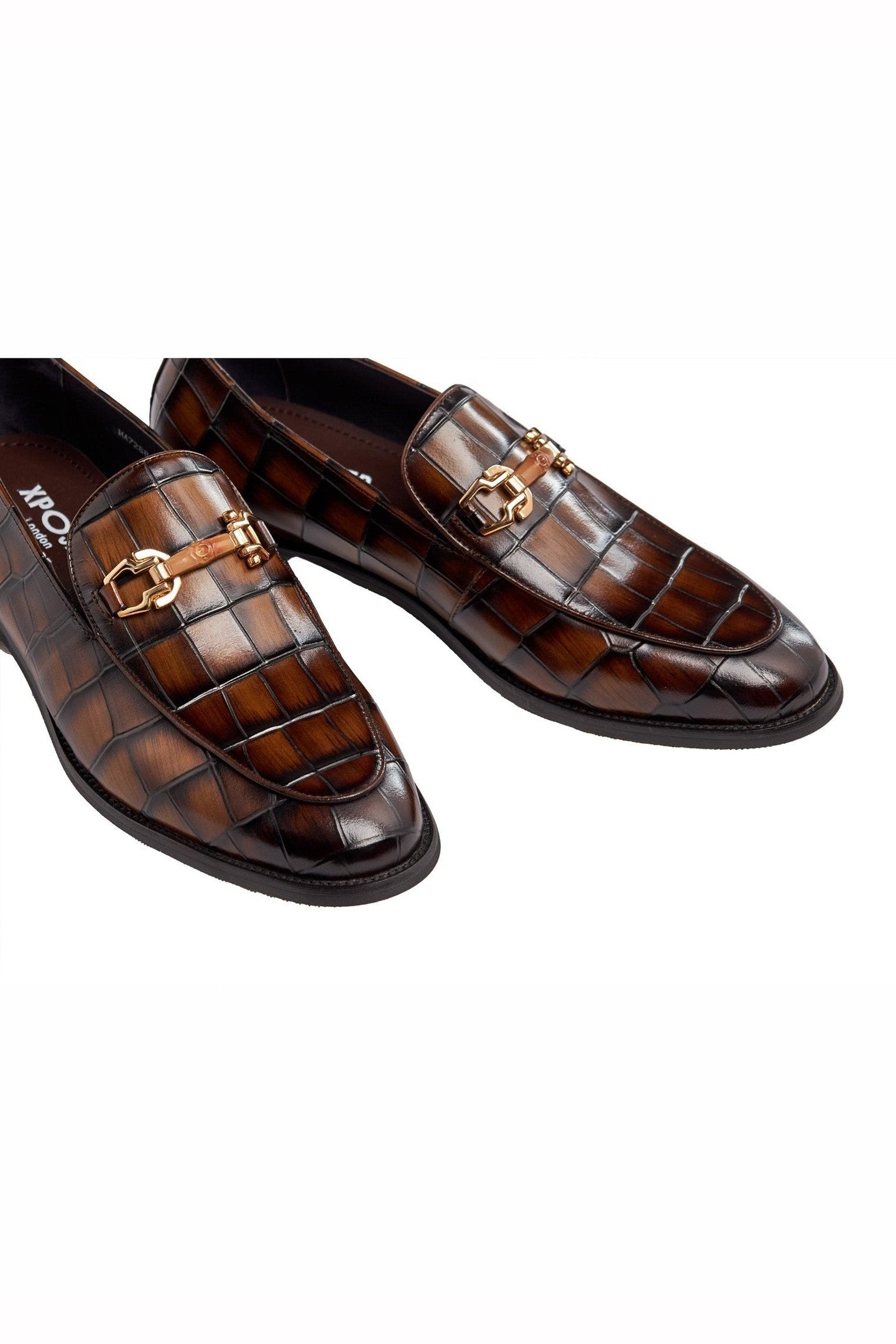BROWN PRINTED GOLD BUCKLE LOAFERS