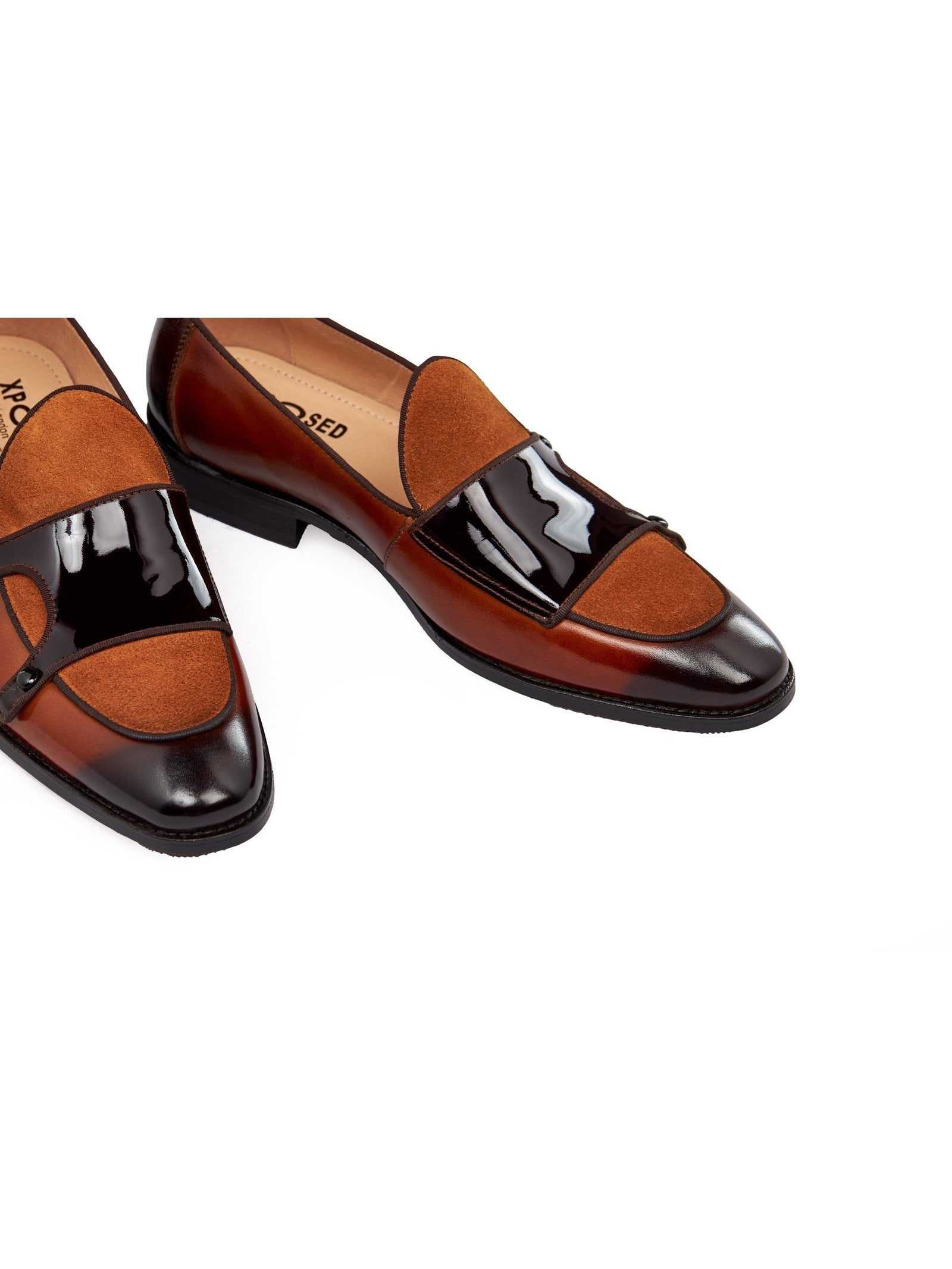 BROWN PATENT LEATHER & SUEDE MONK SHOES