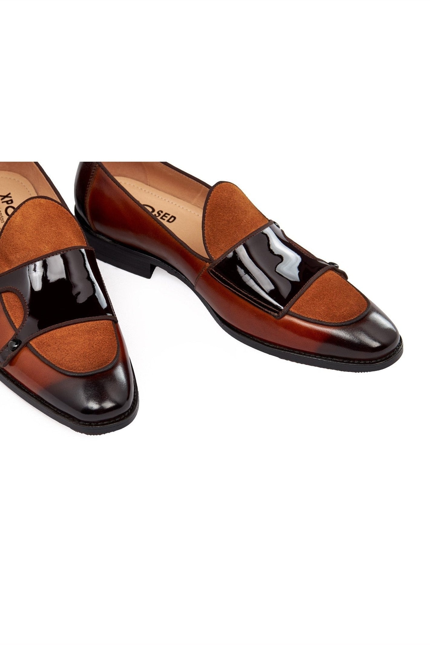 BROWN PATENT LEATHER & SUEDE MONK SHOES