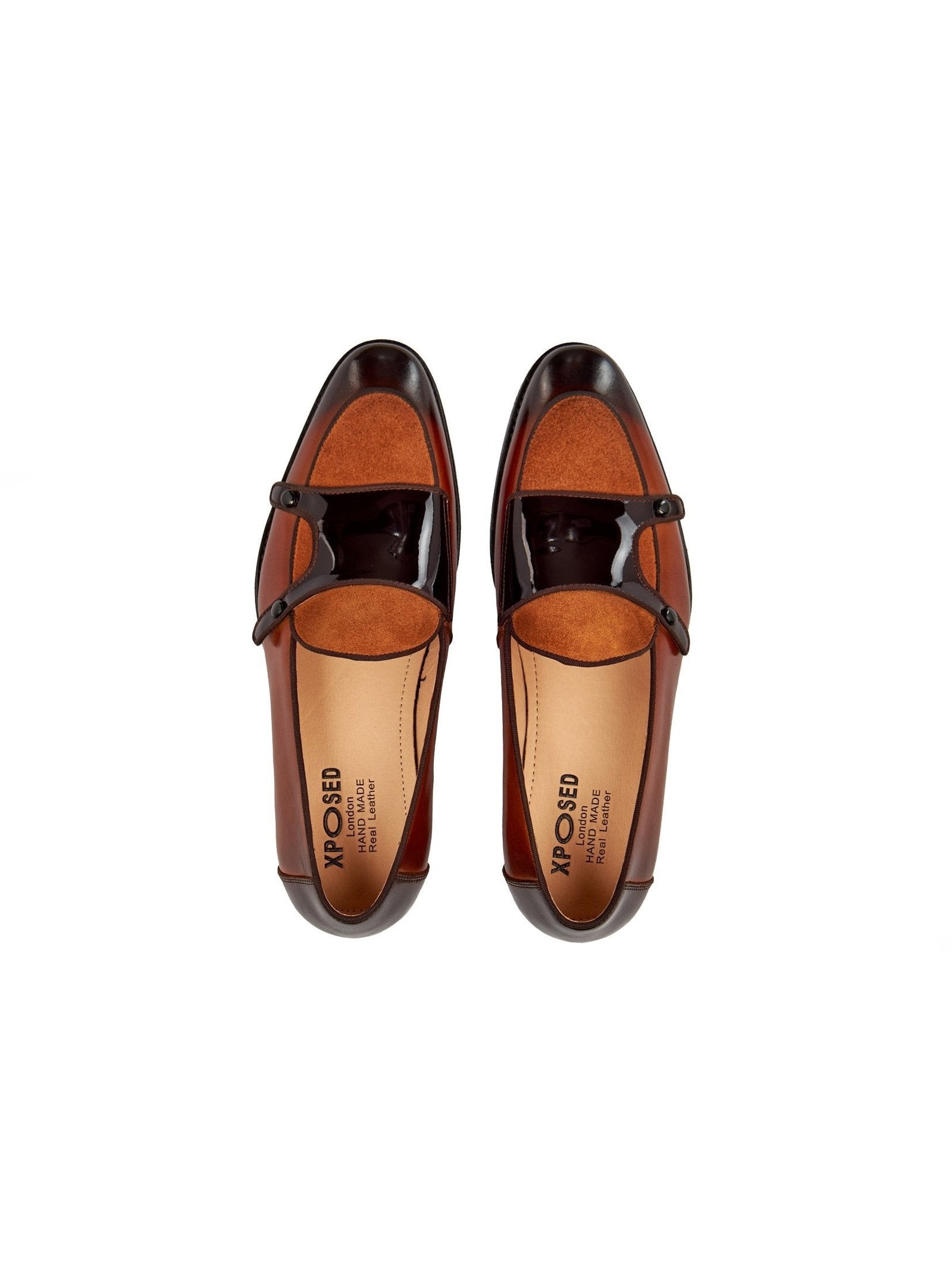 BROWN PATENT LEATHER & SUEDE MONK SHOES