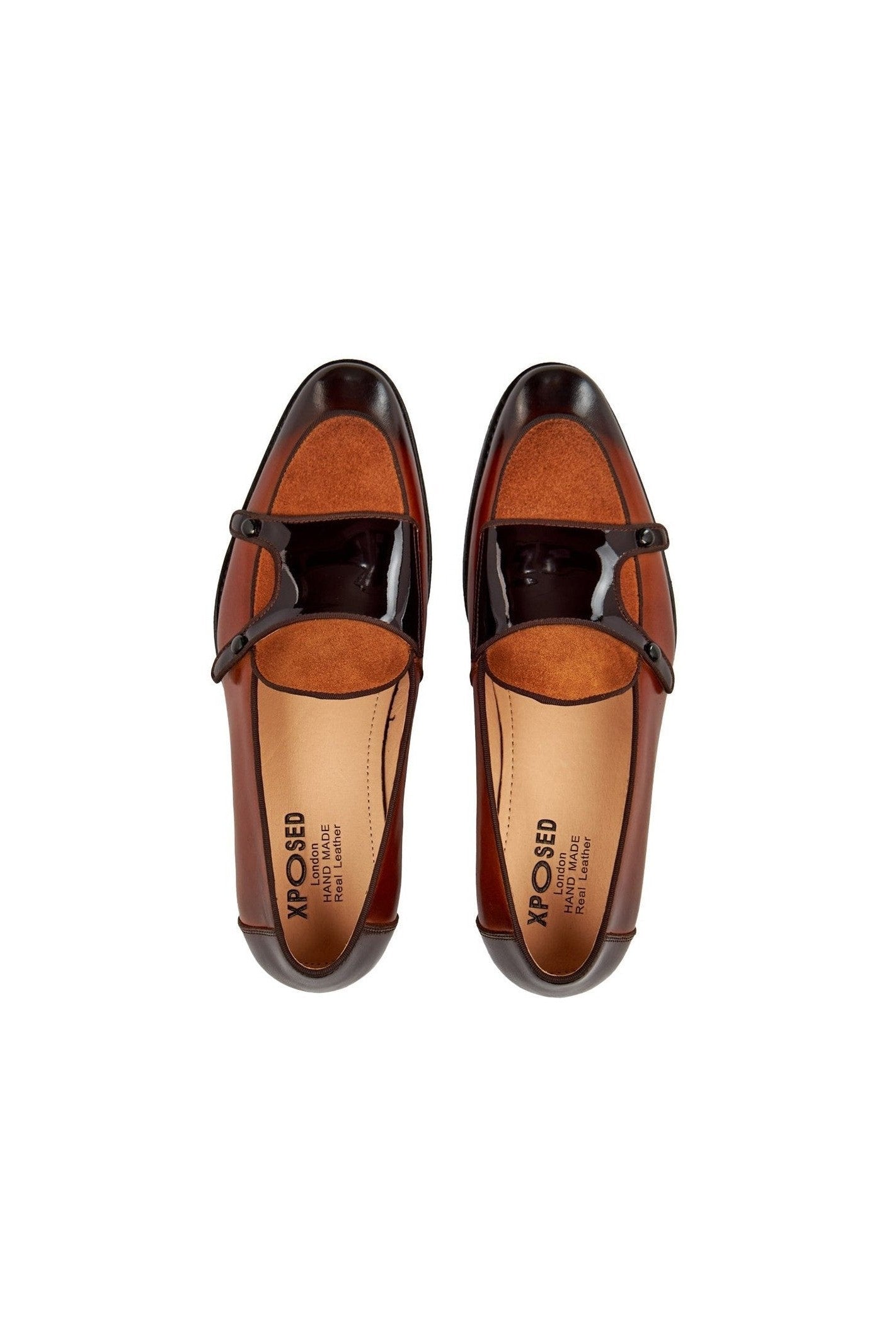 BROWN PATENT LEATHER & SUEDE MONK SHOES