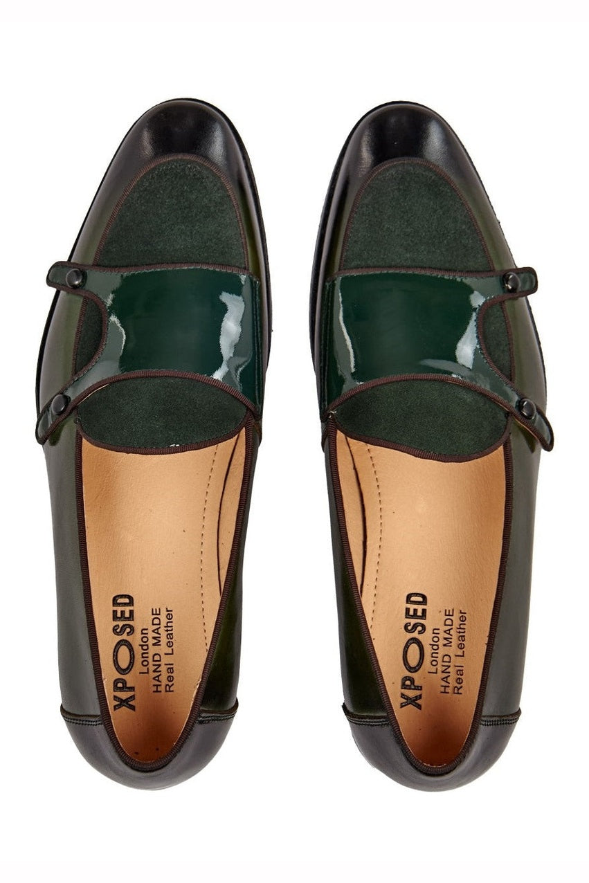 GREEN PATENT LEATHER & SUEDE MONK SHOES