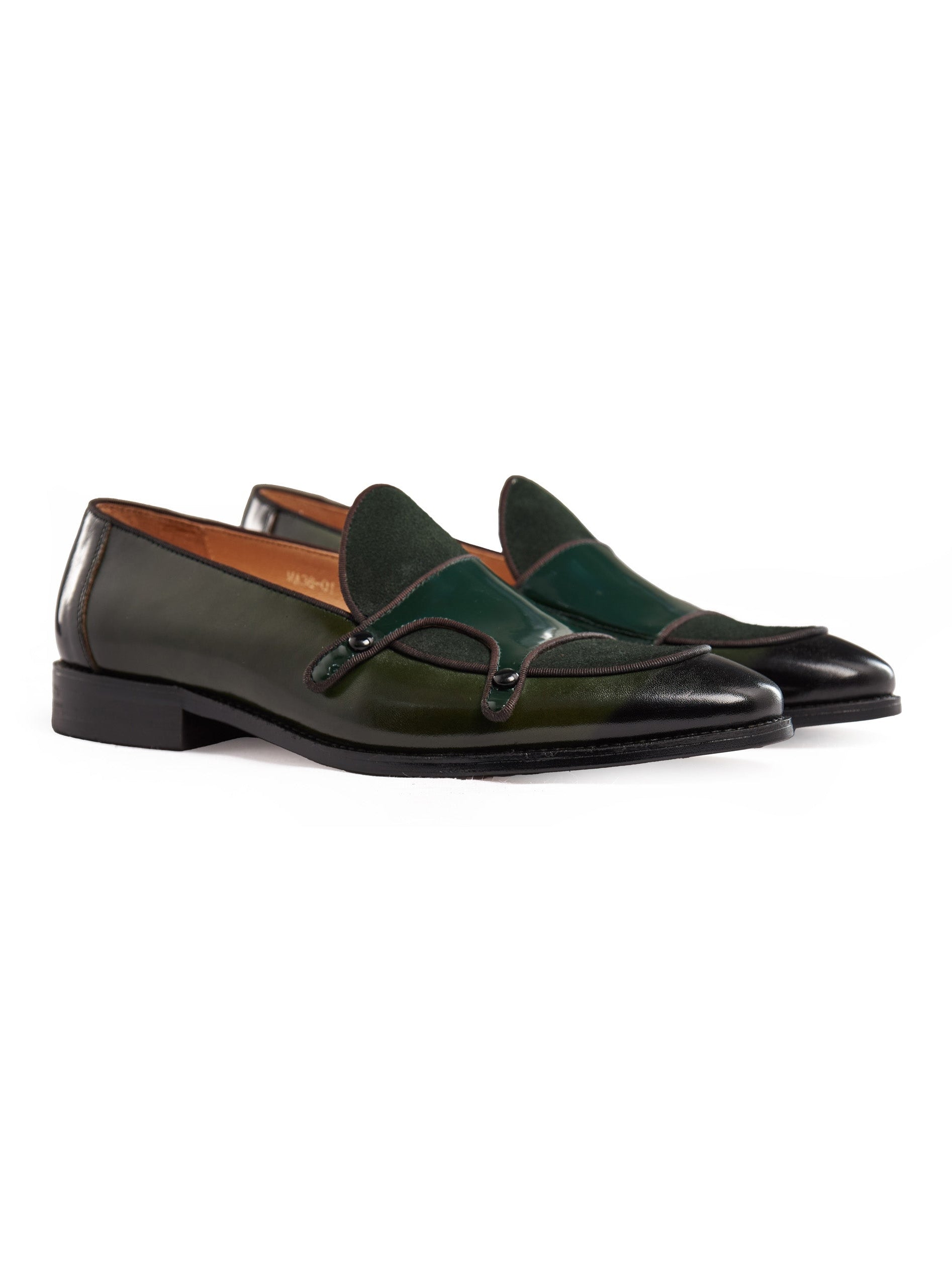GREEN PATENT LEATHER & SUEDE MONK SHOES