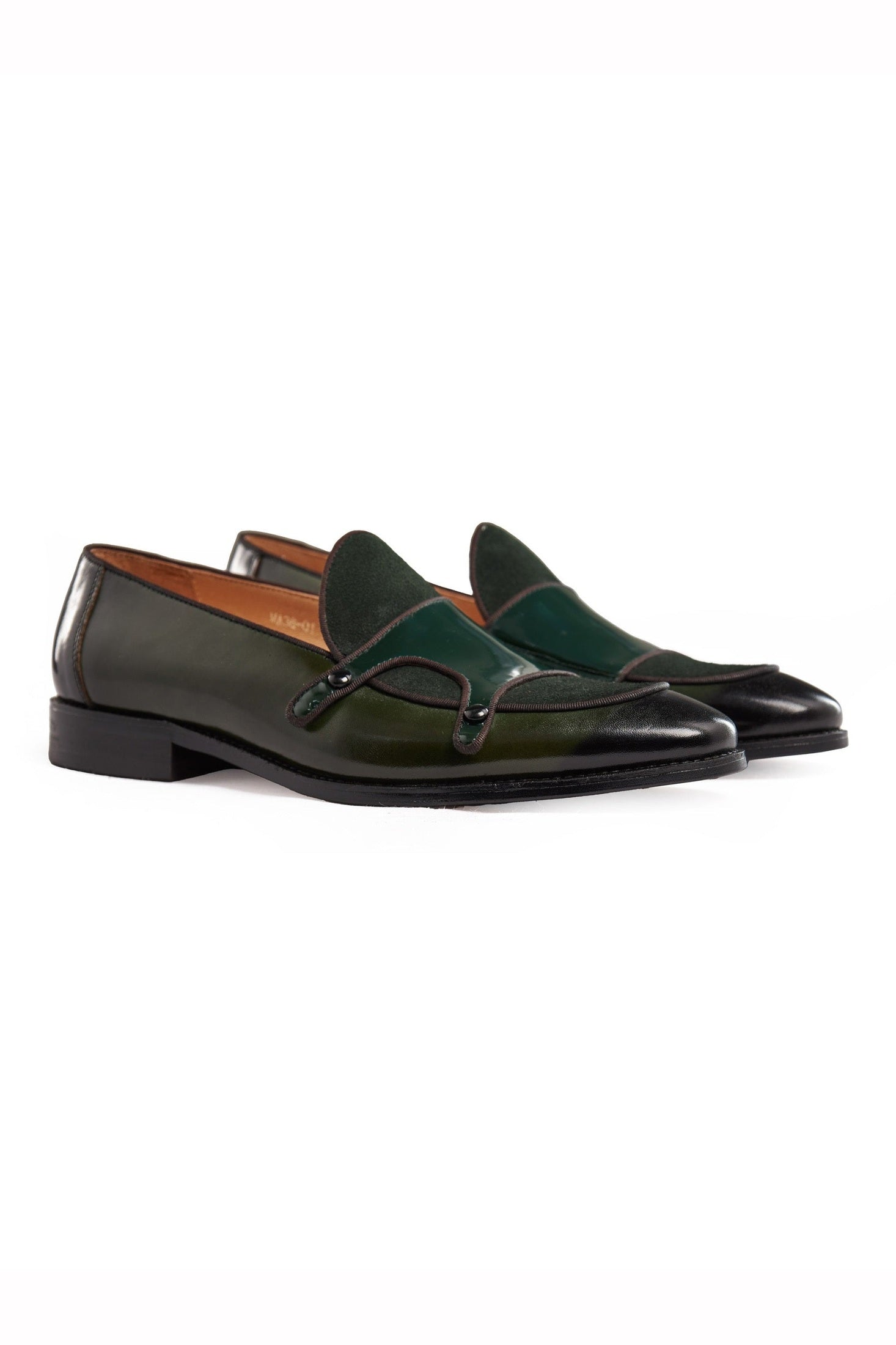 GREEN PATENT LEATHER & SUEDE MONK SHOES