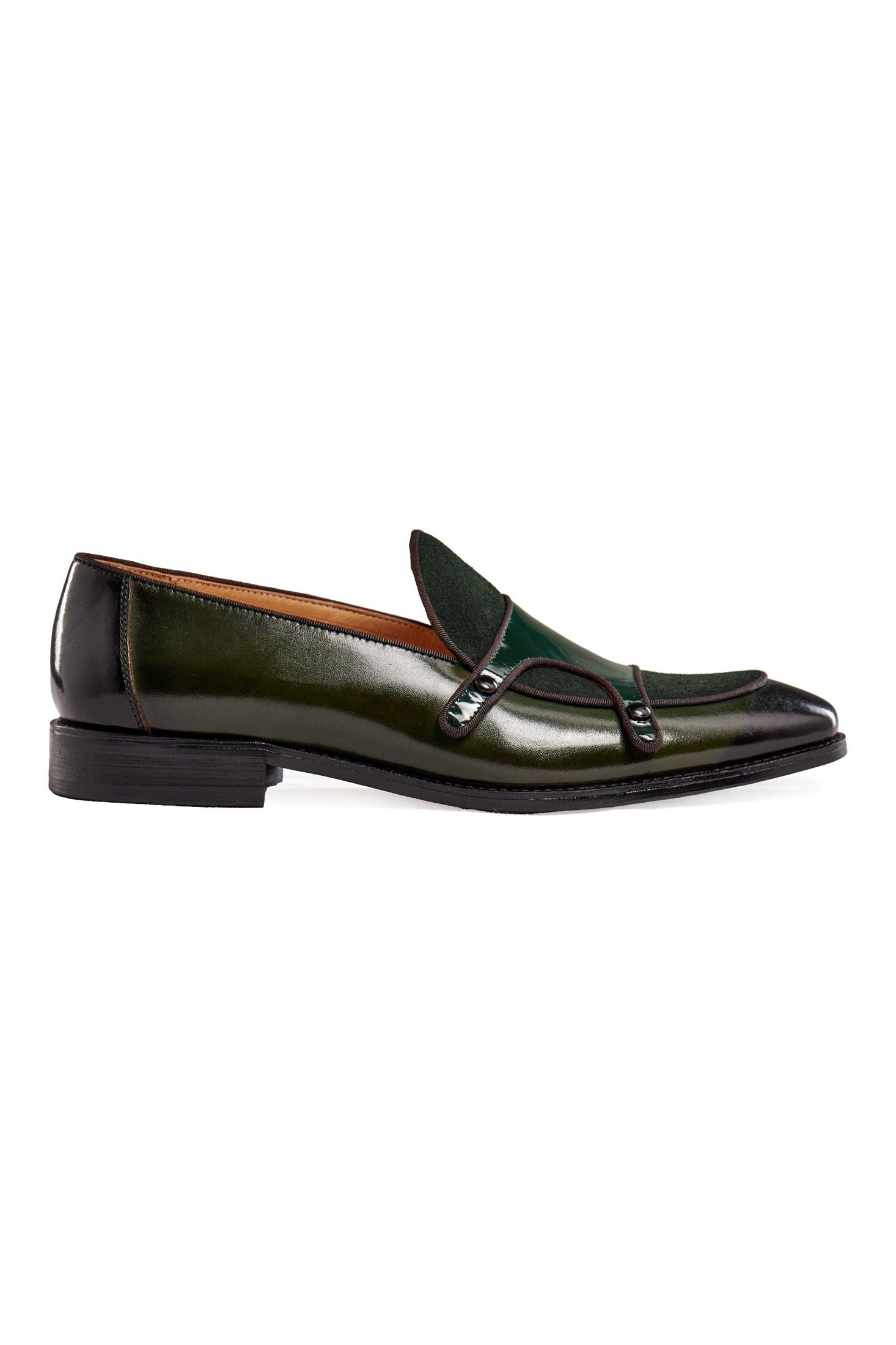 GREEN PATENT LEATHER & SUEDE MONK SHOES