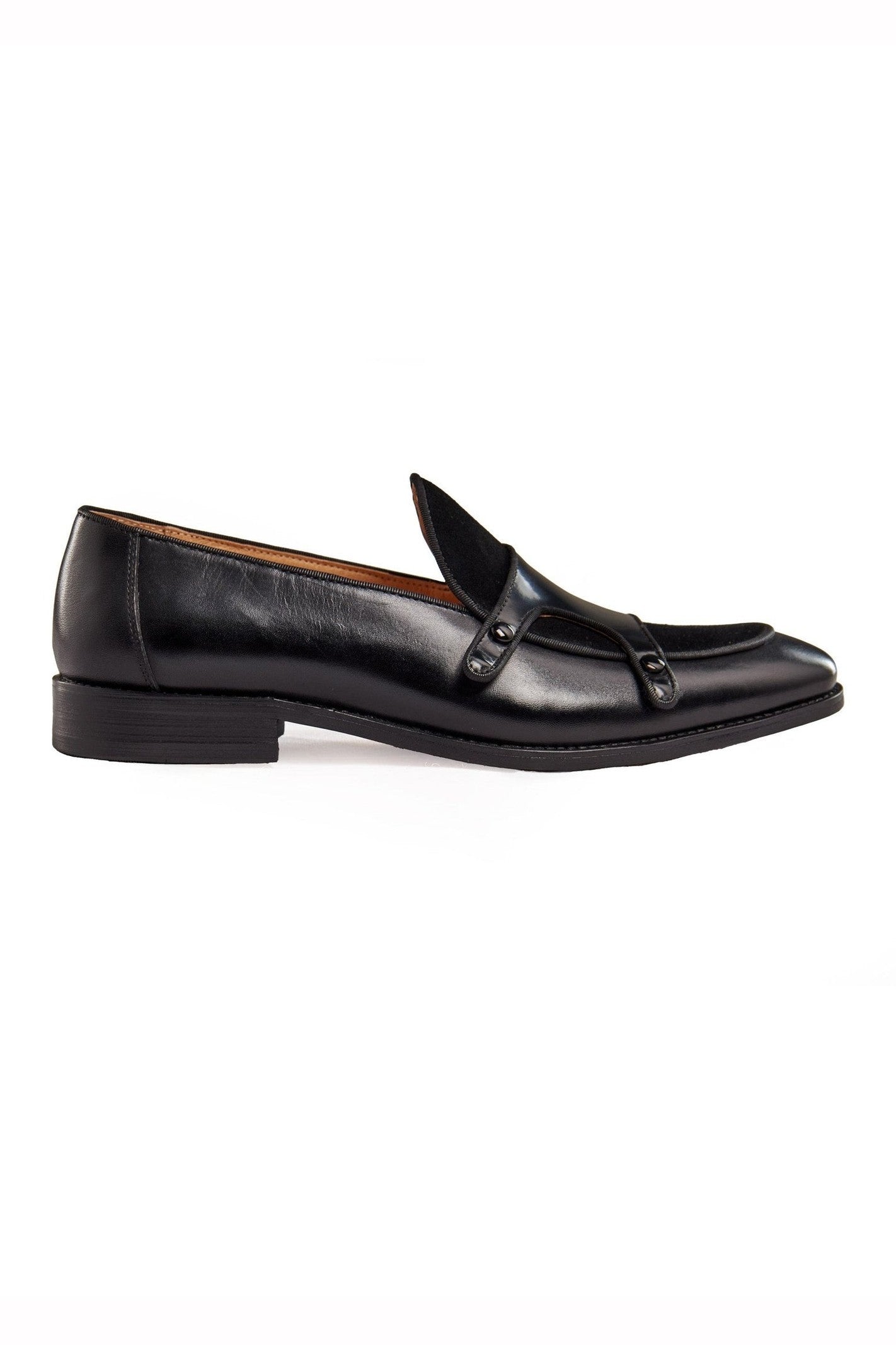 BLACK PATENT LEATHER & SUEDE MONK SHOES