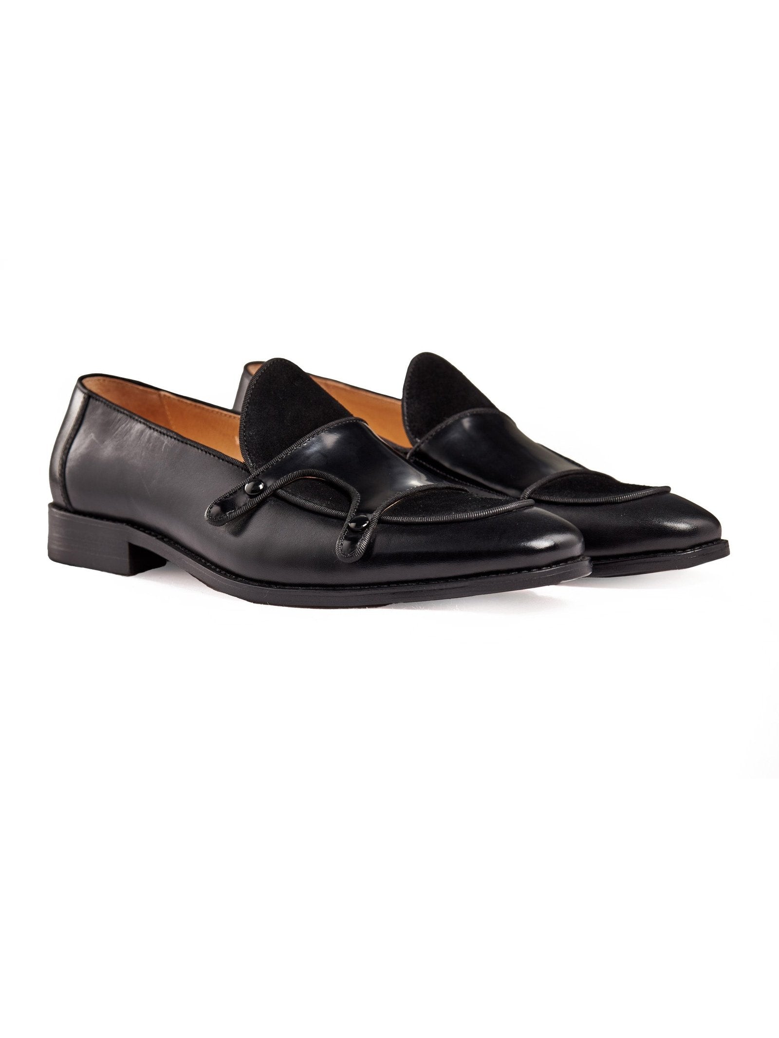 BLACK PATENT LEATHER & SUEDE MONK SHOES