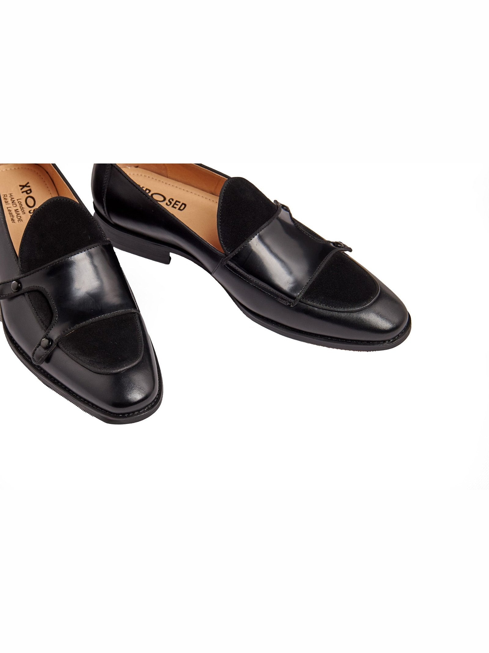 BLACK PATENT LEATHER & SUEDE MONK SHOES