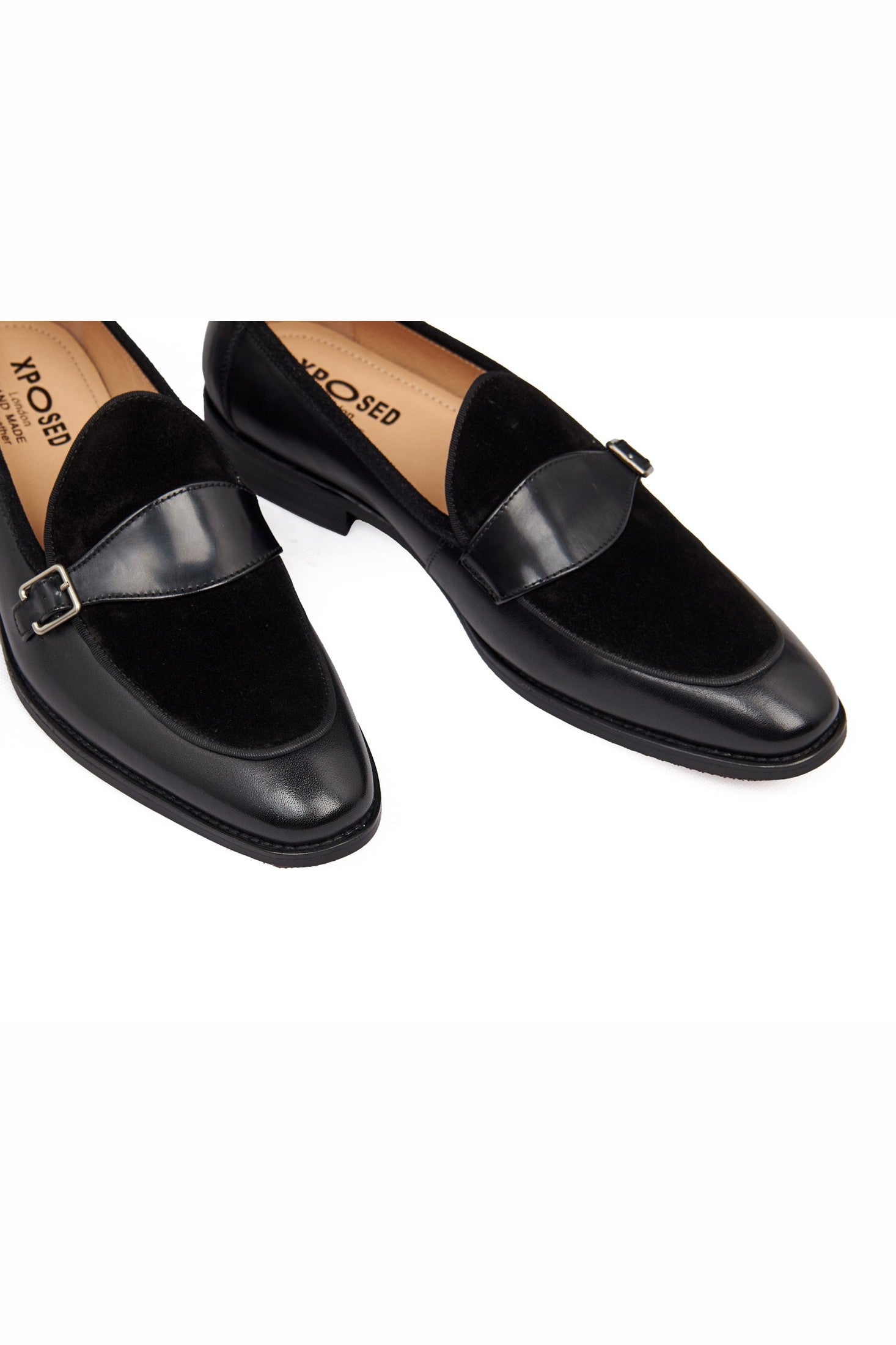 BLACK LEATHER & SUEDE MONK SHOES XPOSED London