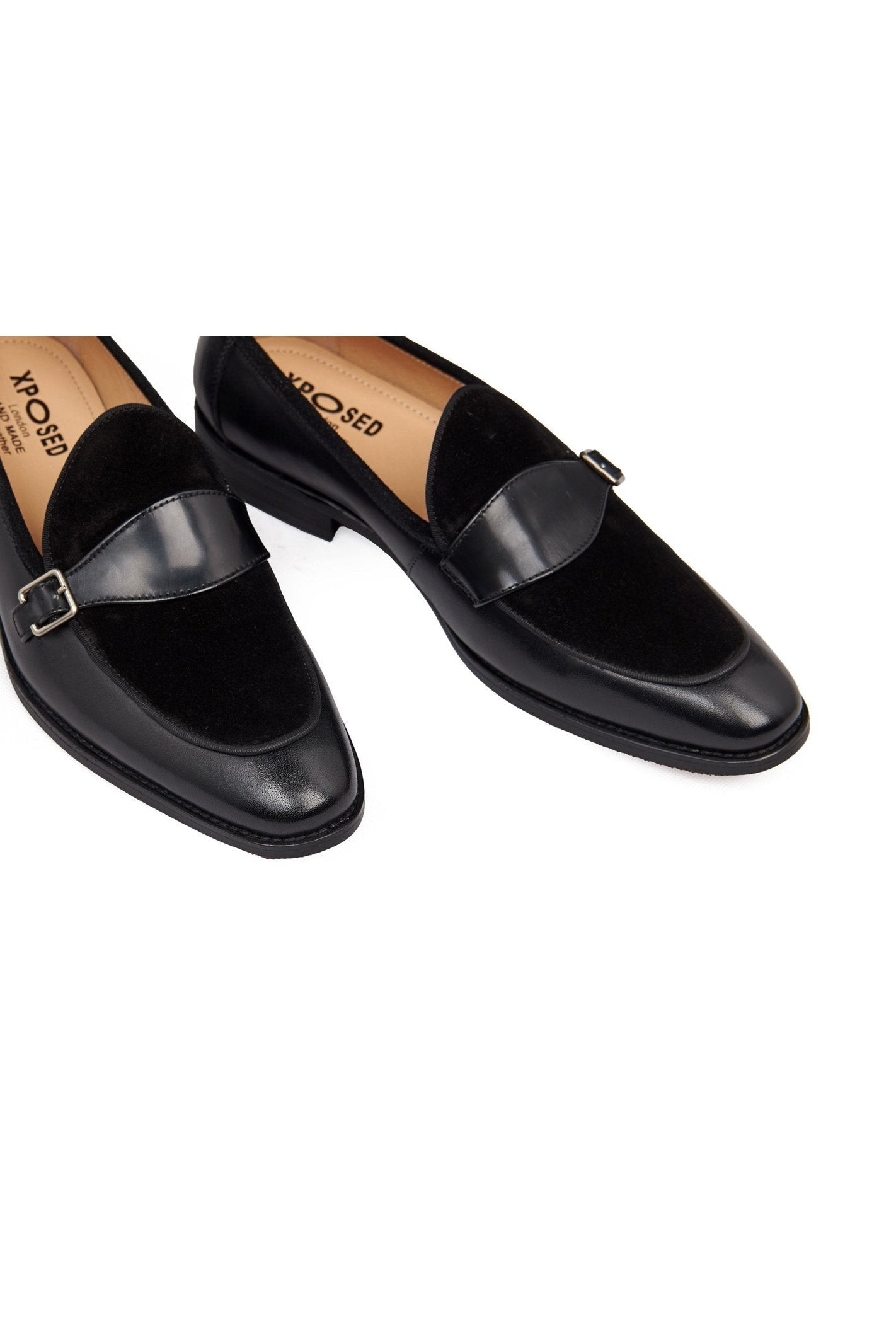 BLACK LEATHER & SUEDE MONK SHOES