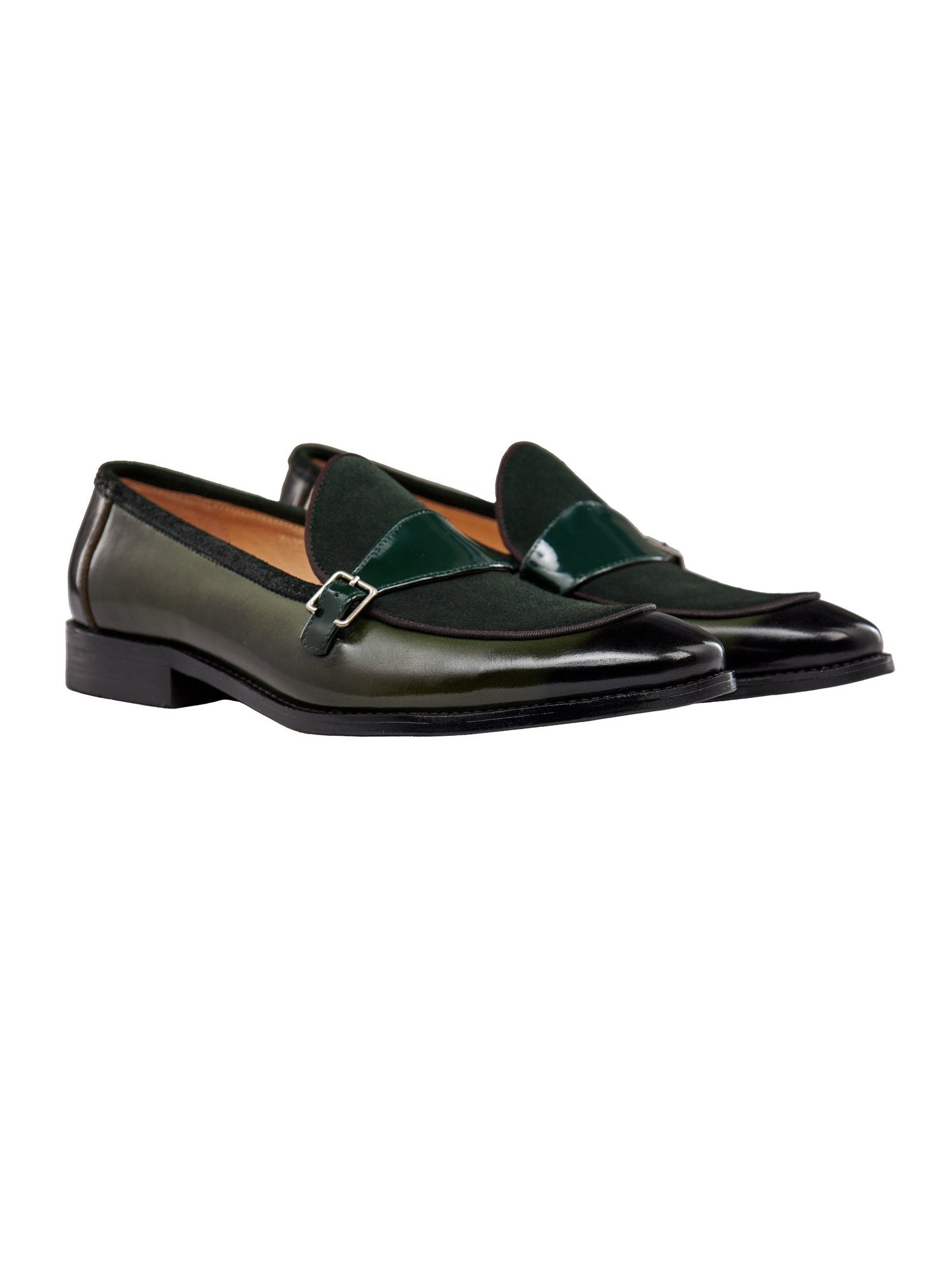 GREEN LEATHER & SUEDE MONK SHOES