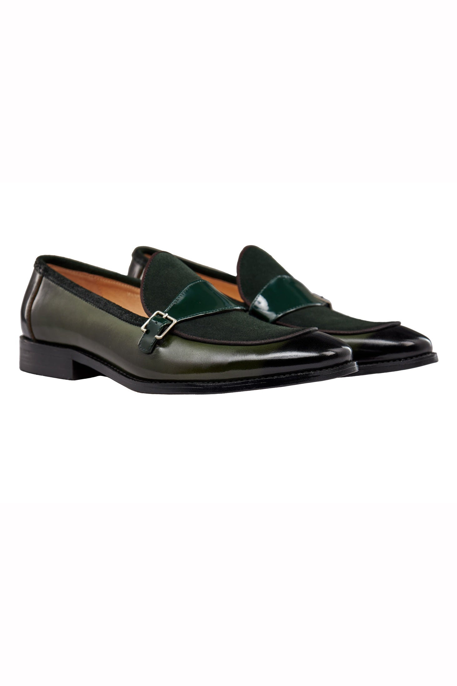GREEN LEATHER & SUEDE MONK SHOES