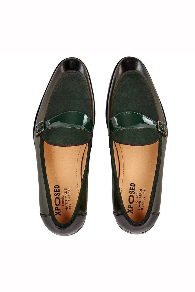 GREEN LEATHER & SUEDE MONK SHOES