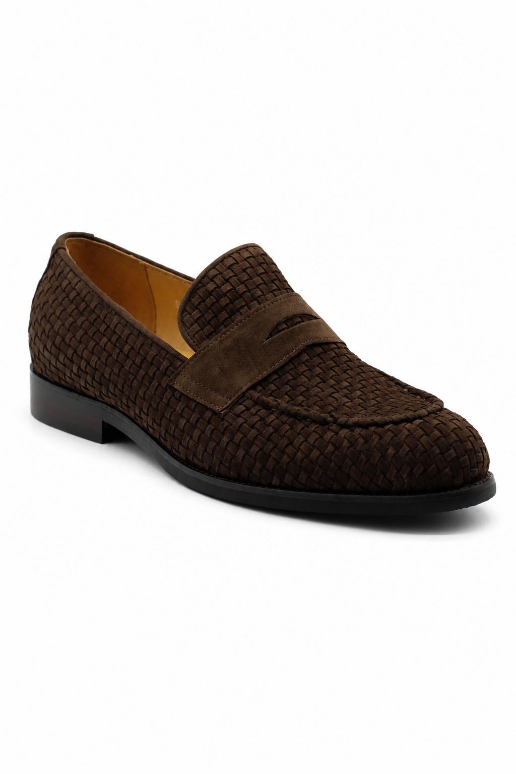 BRIO Men’s Brown Woven Suede Leather Penny Loafers Sartorial Shoes