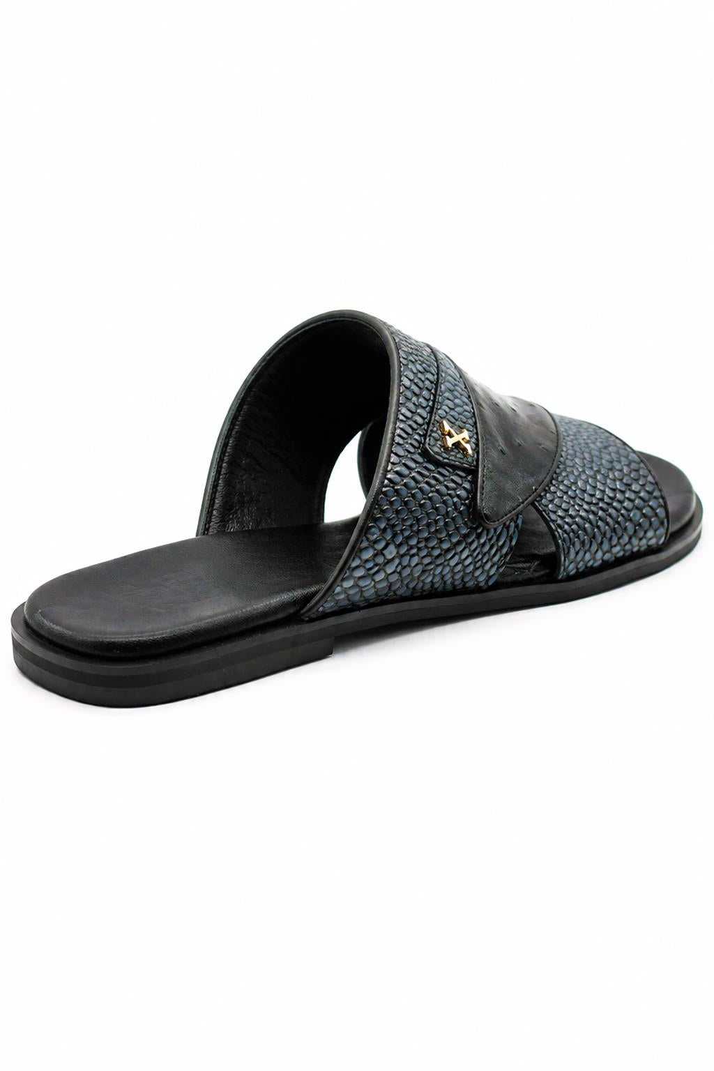 Men's Black & Grey Handmade Real Leather Open Front Slide Sandals Sartorial Shoes