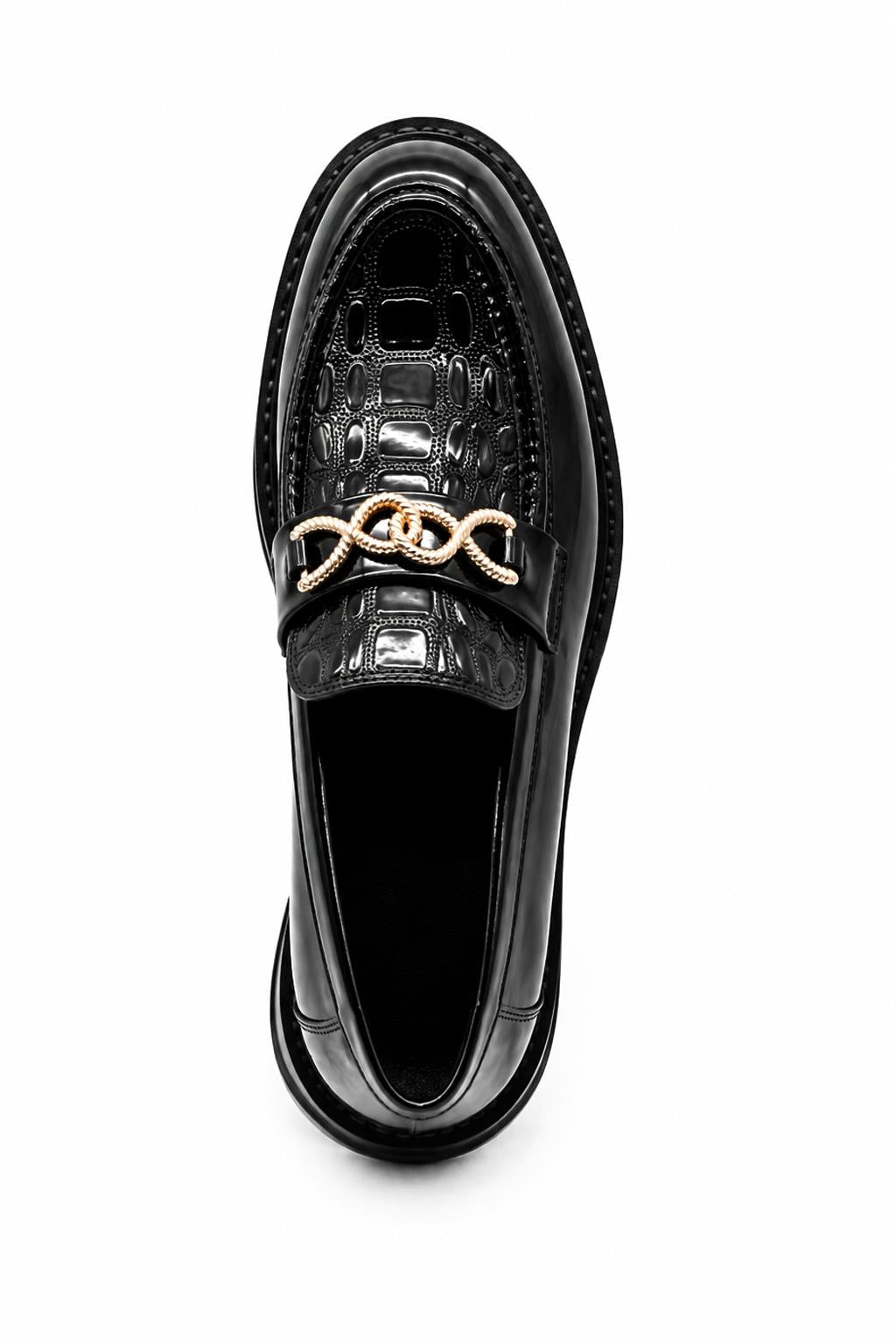 Men's Black Patent Slip-On Loafers Gold Buckle & Chunky Sole Sartorial Shoes