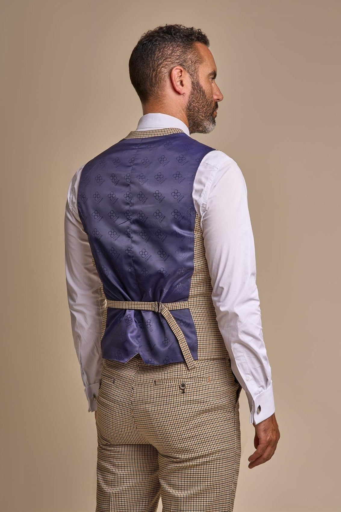 MENS ELWOOD HOUNDSTOOTH TAN THREE PIECE SUIT CAVANI