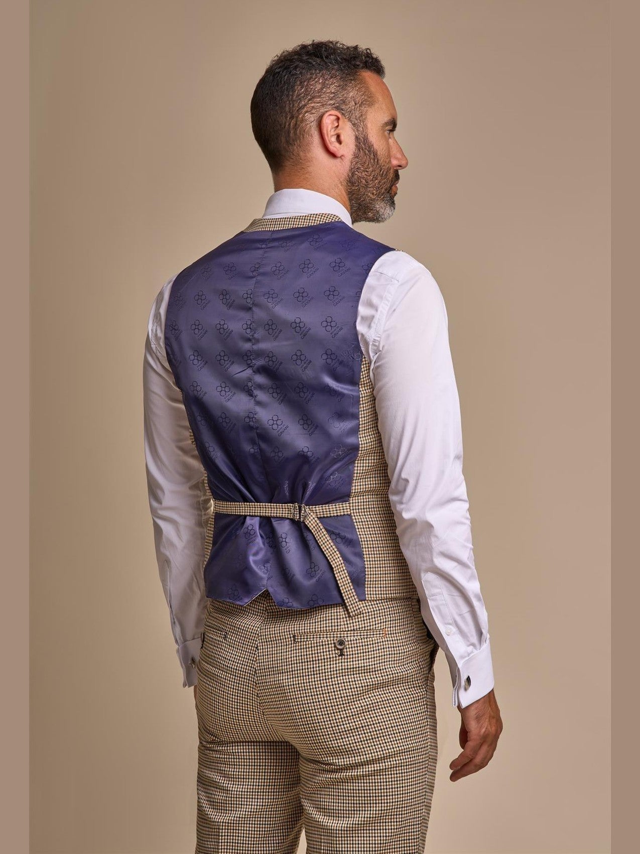 MENS ELWOOD HOUNDSTOOTH TAN THREE PIECE SUIT CAVANI