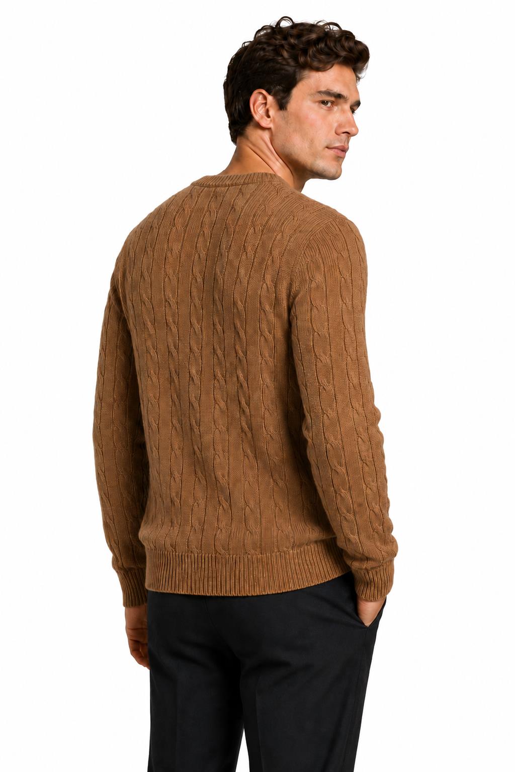 Men's Camel 100% Cotton Fine Cable Knit Crew Neck Jumper CAVANI