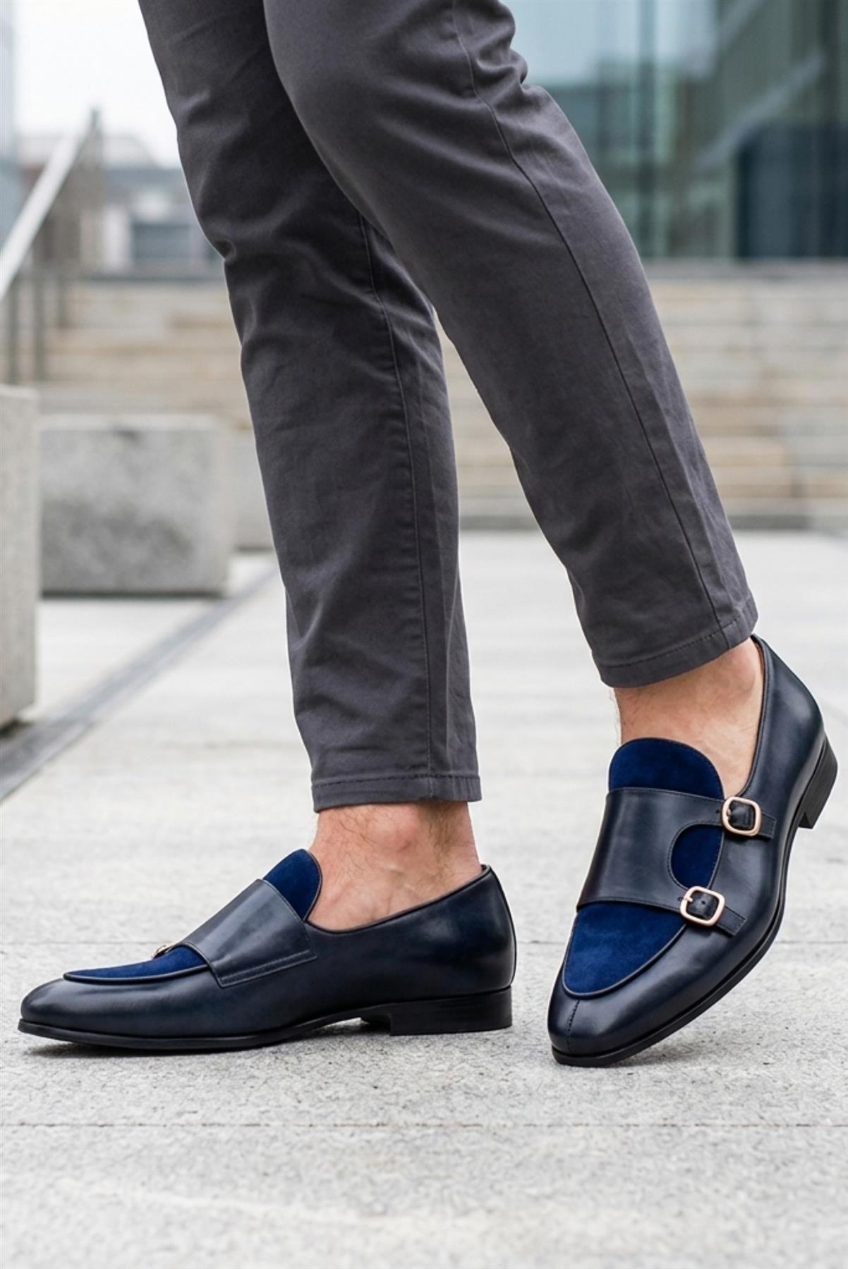 SOREN Men’s Navy Blue Leather & Suede Double Monk Shoes Sartorial Shoes