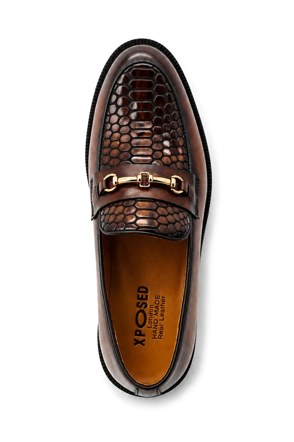 ASCOT Men’s Brown Snake-Effect Leather Snaffle Loafers Sartorial Shoes