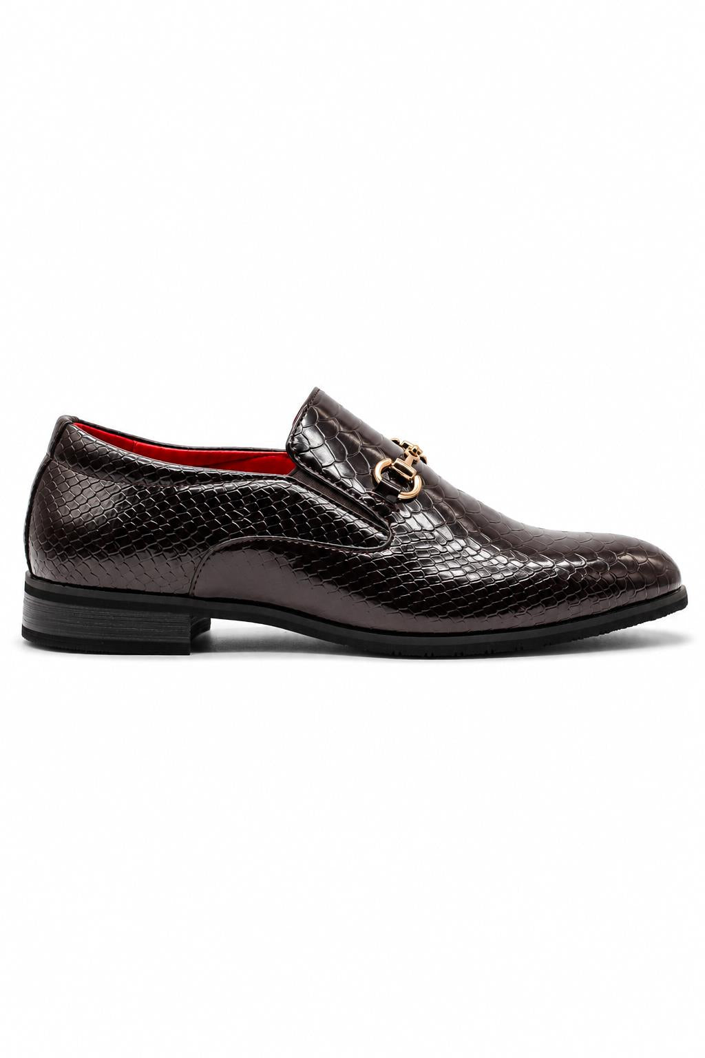 Men's Brown Patent Slip-On Loafers with Gold Snaffle Buckle Sartorial Shoes