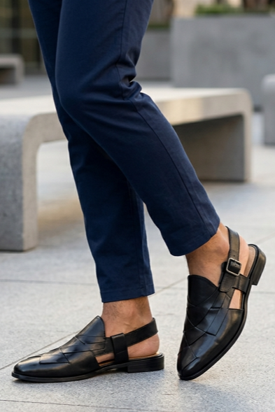 Men's Black Handmade Real Leather Woven Sandals Sartorial Shoes