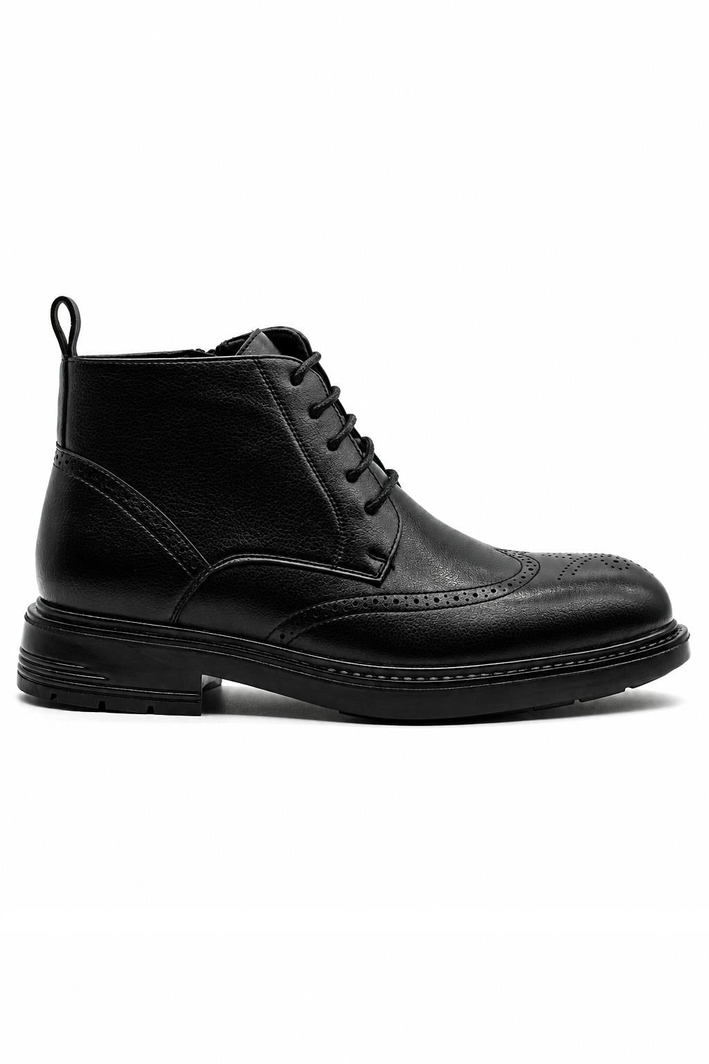 Men's Black Faux Leather Wingtip Brogue Boots Sartorial Shoes