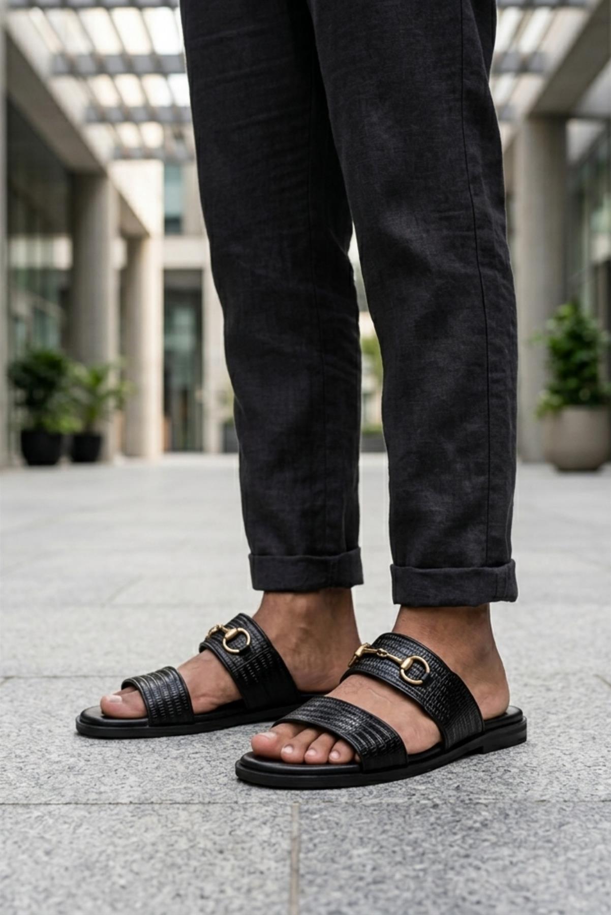 Men's Black Handmade Real Leather Snaffle Bit Open Toe Sandals Sartorial Shoes