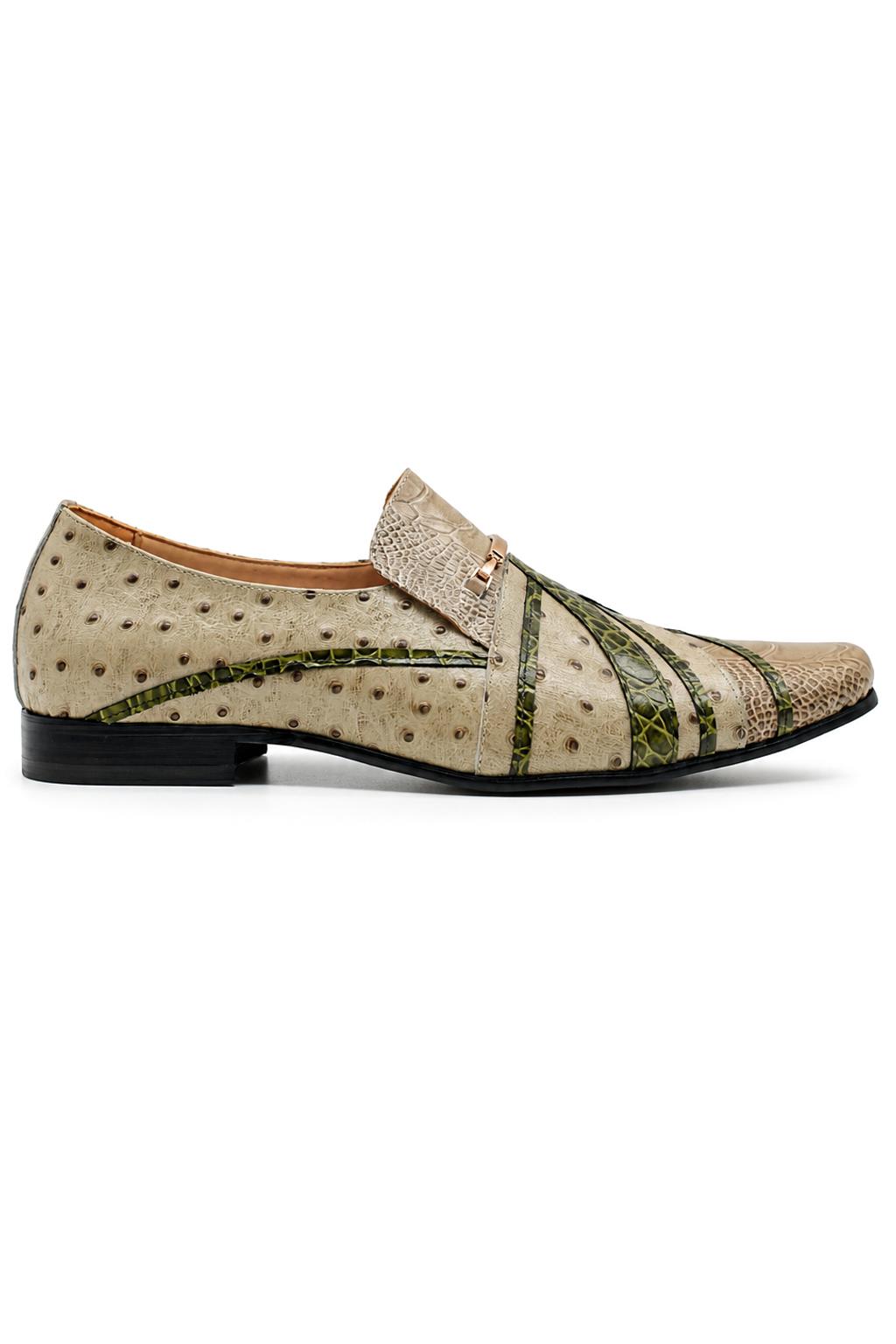 Men’s Cream & Green Snake-Effect Real Leather Loafers Sartorial Shoes