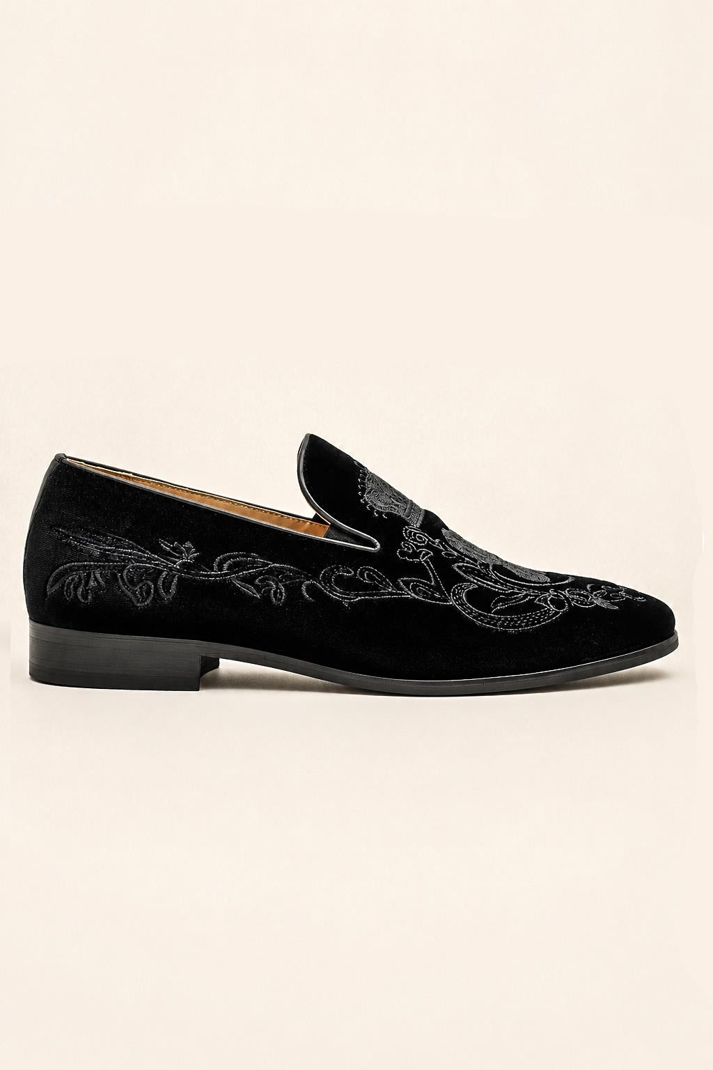 FRED Men’s Black Embroidered Velvet Party Loafers Sartorial Shoes