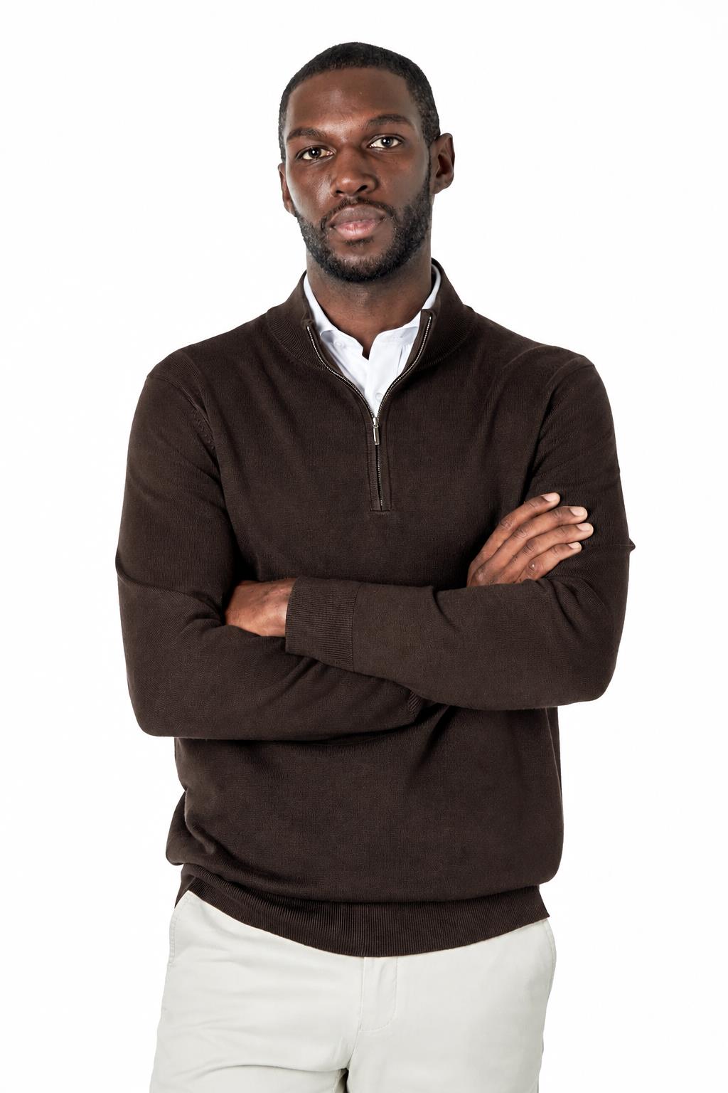 Men's Dark Brown 100% Cotton Fine Knit Quarter Zip Funnel Neck Jumper CAVANI