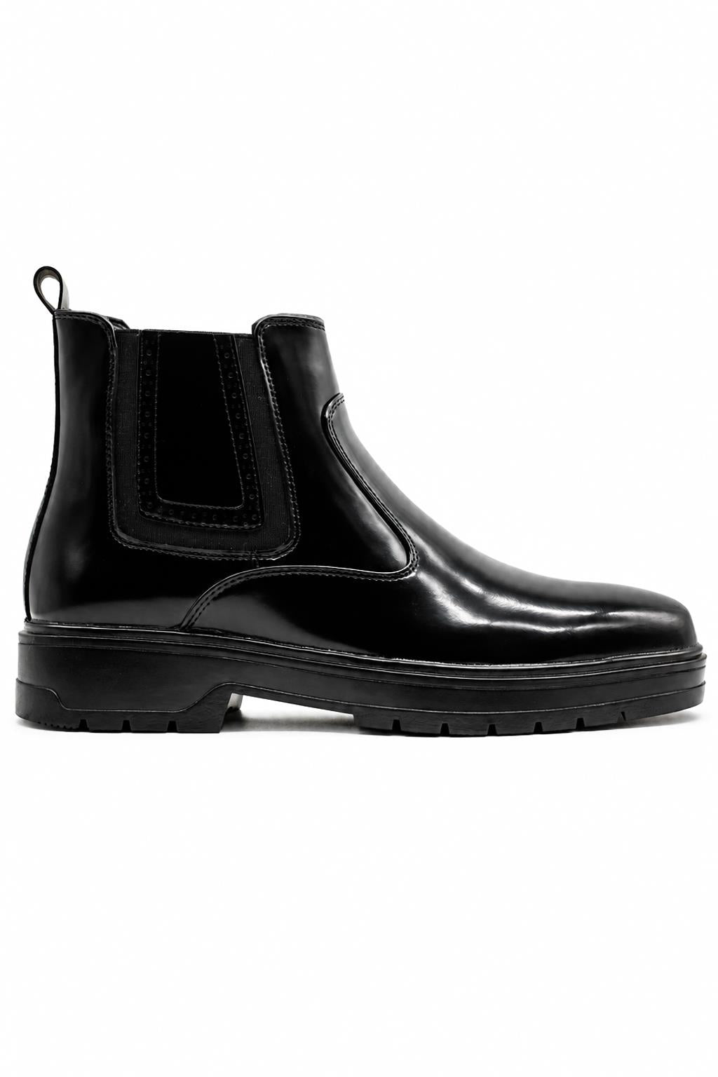 Men's Black Patent Faux Leather Retro Chelsea Boots Lug Sole Sartorial Shoes