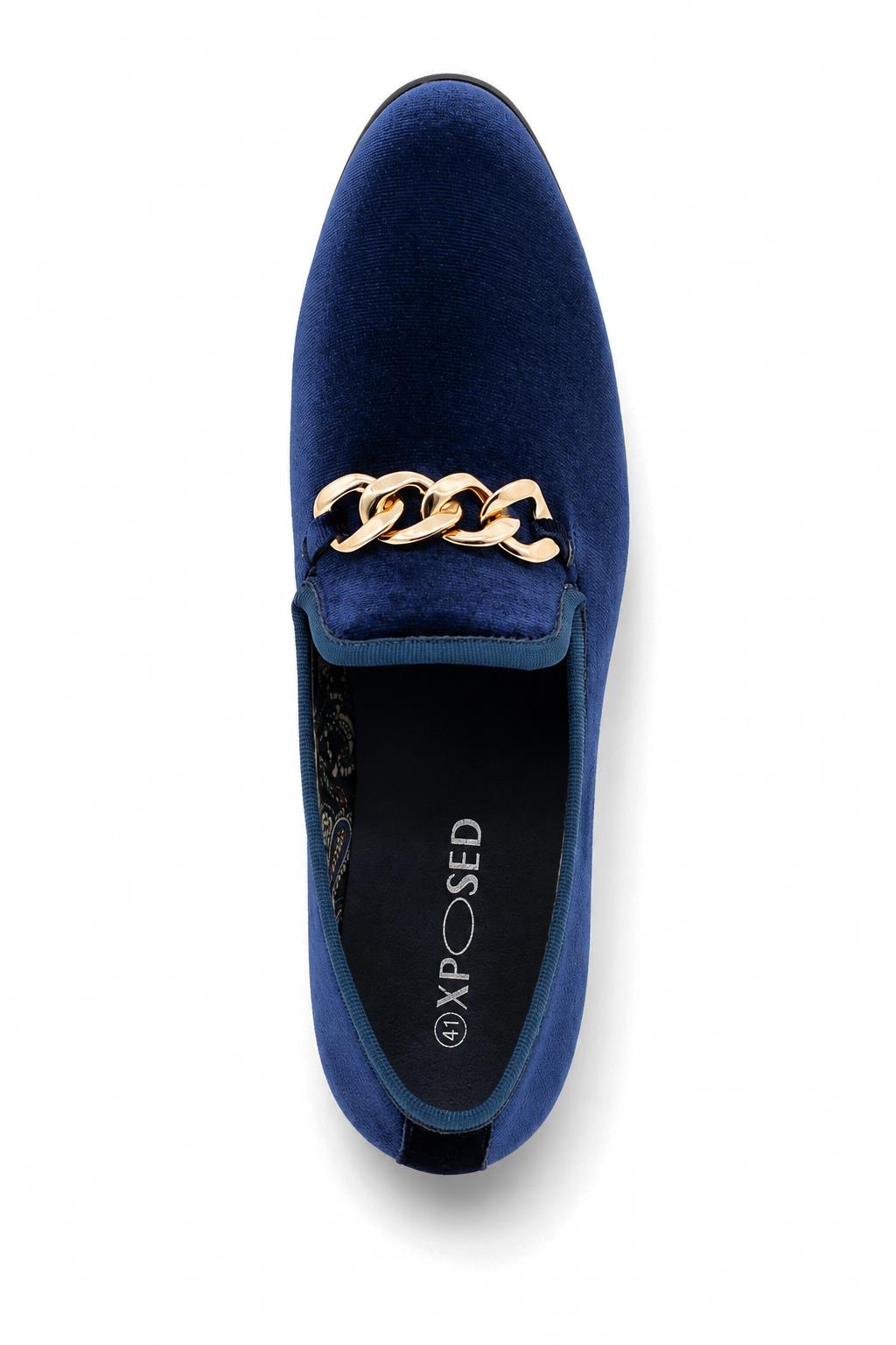 Men's Navy Smooth Velvet Gold Chain Dress Loafers Sartorial Shoes