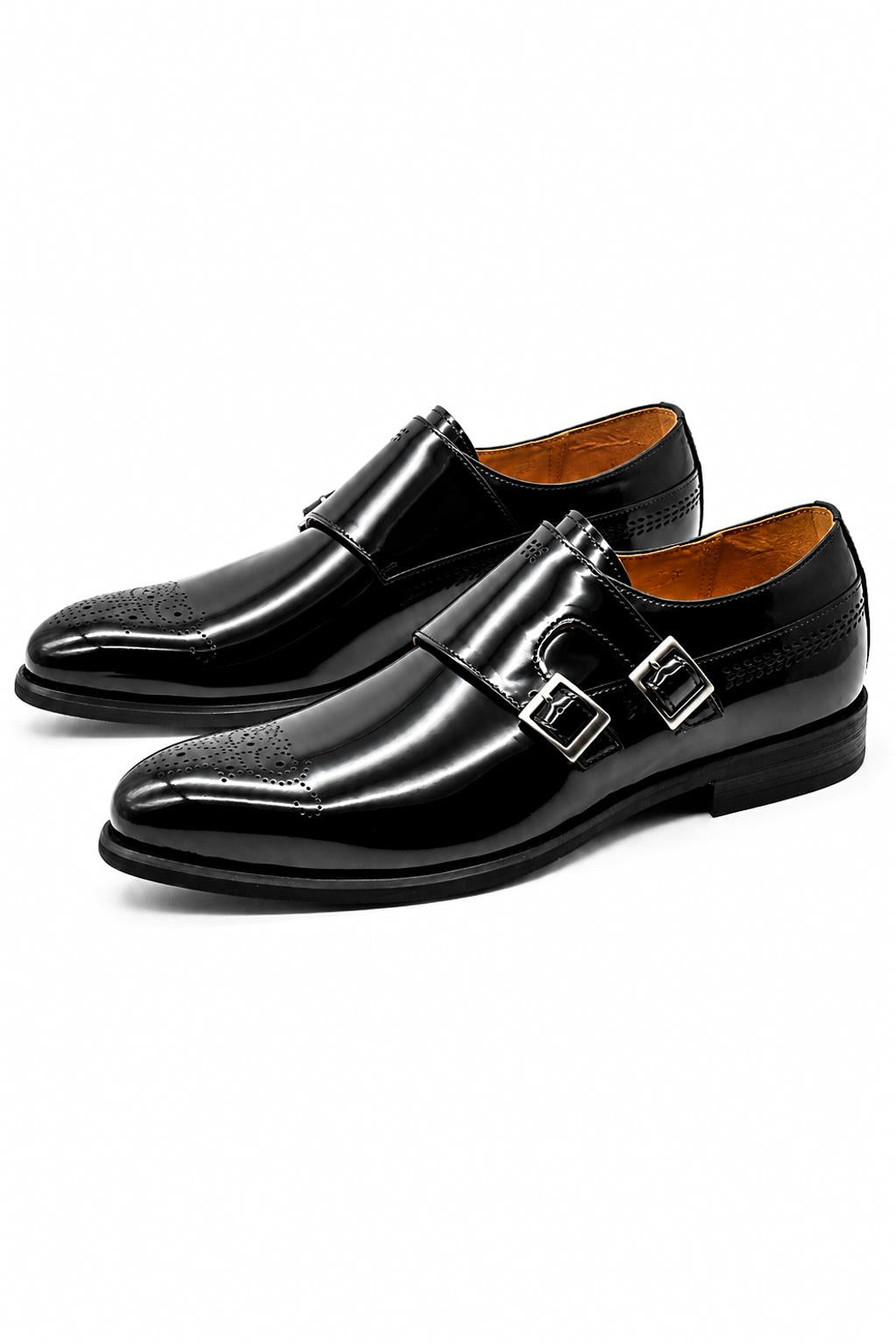 ROAN Men’s Black Hi-Shine Patent Leather Monk Dress Shoes Sartorial Shoes