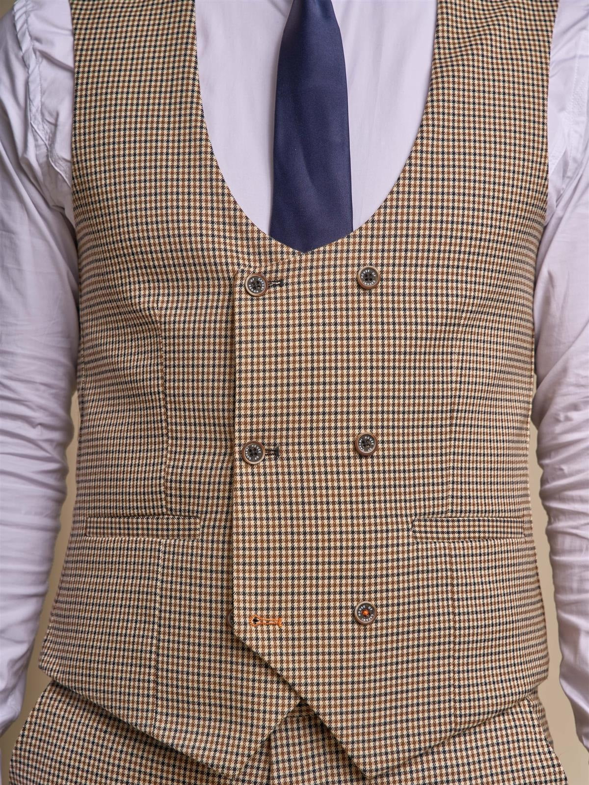 MENS ELWOOD HOUNDSTOOTH TAN THREE PIECE SUIT CAVANI