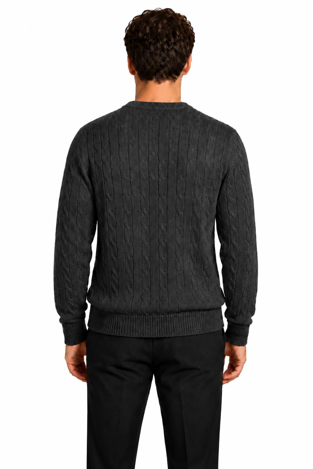 Men's Charcoal Grey 100% Cotton Fine Cable Knit Crew Neck Jumper CAVANI