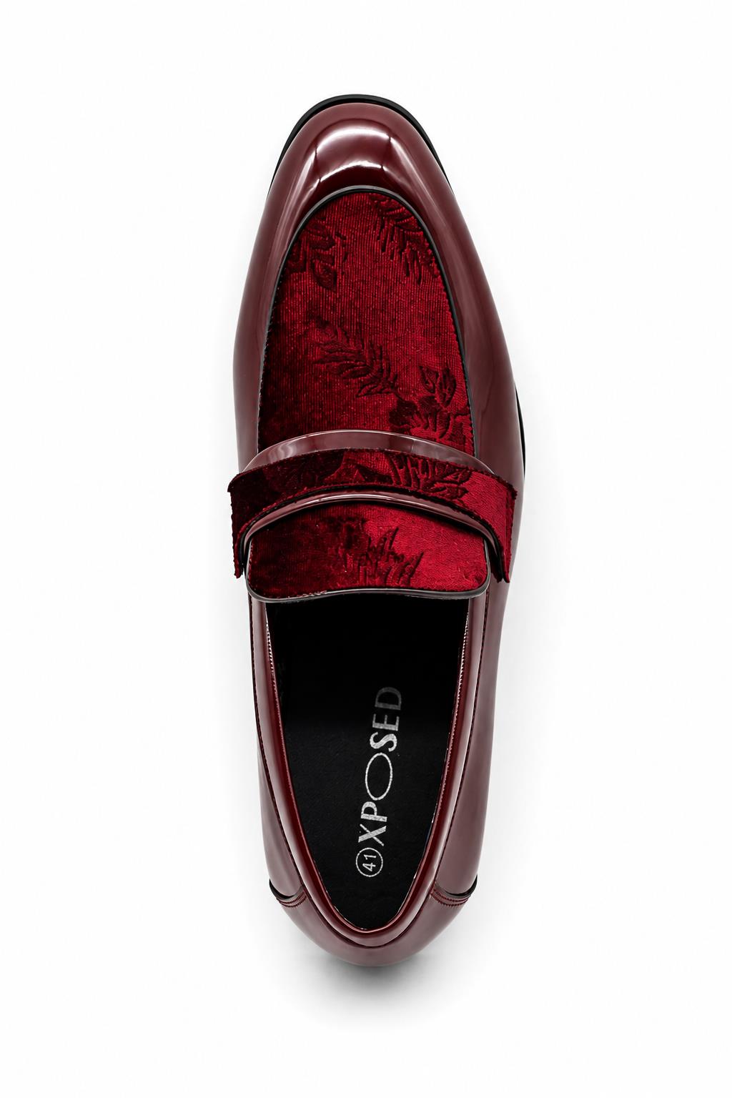 Men's Maroon Floral Velvet Patent Dress Loafers Sartorial Shoes