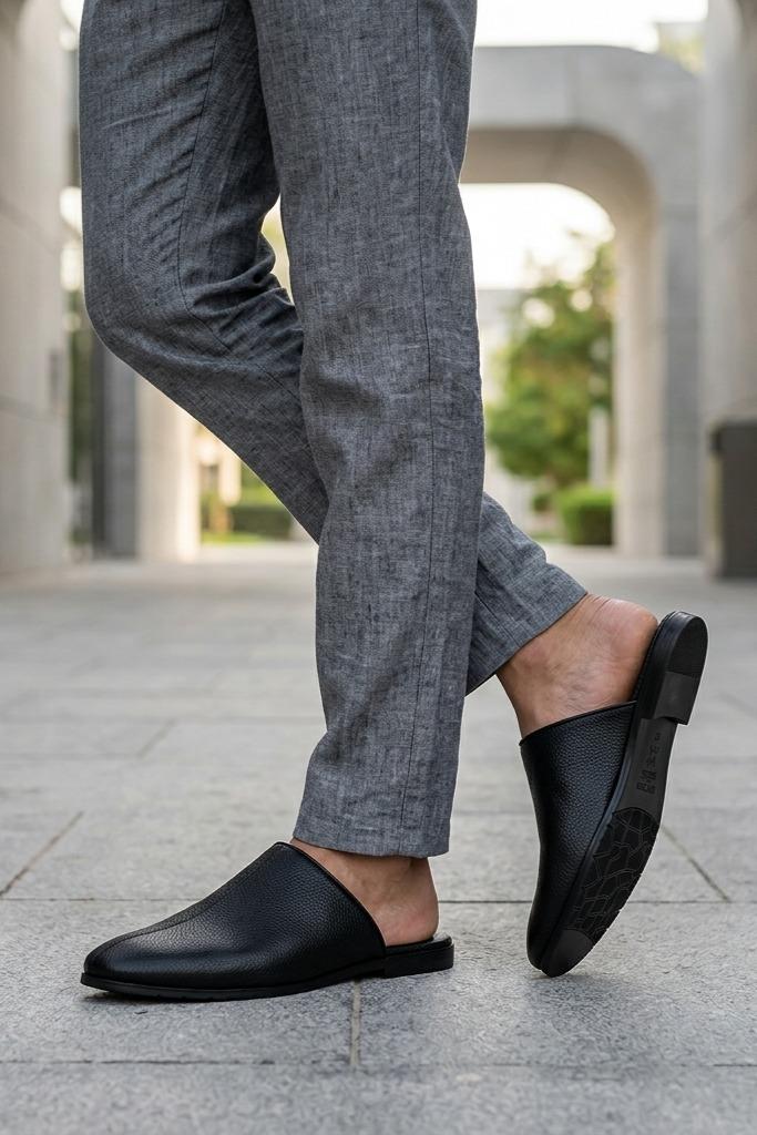 NICO Men’s Black Soft Grain Leather Mule Slippers Sartorial Shoes