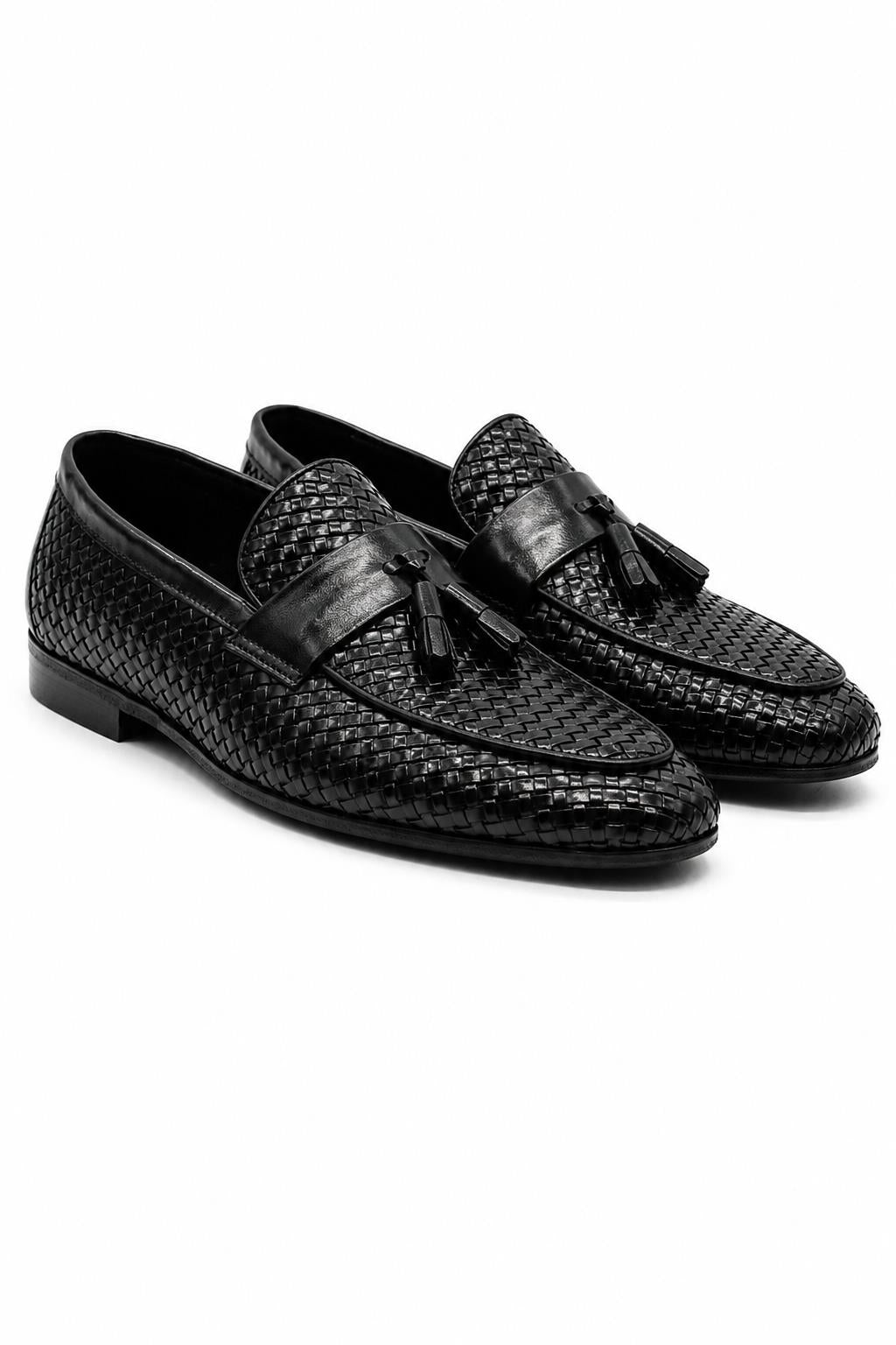 DIVO Men’s Black Handmade Woven Leather Tassel Loafers Sartorial Shoes