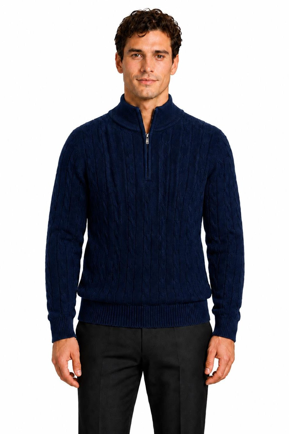 Men's Navy Blue 100% Cotton Fine Cable Knit Quarter Zip Neck Jumper CAVANI