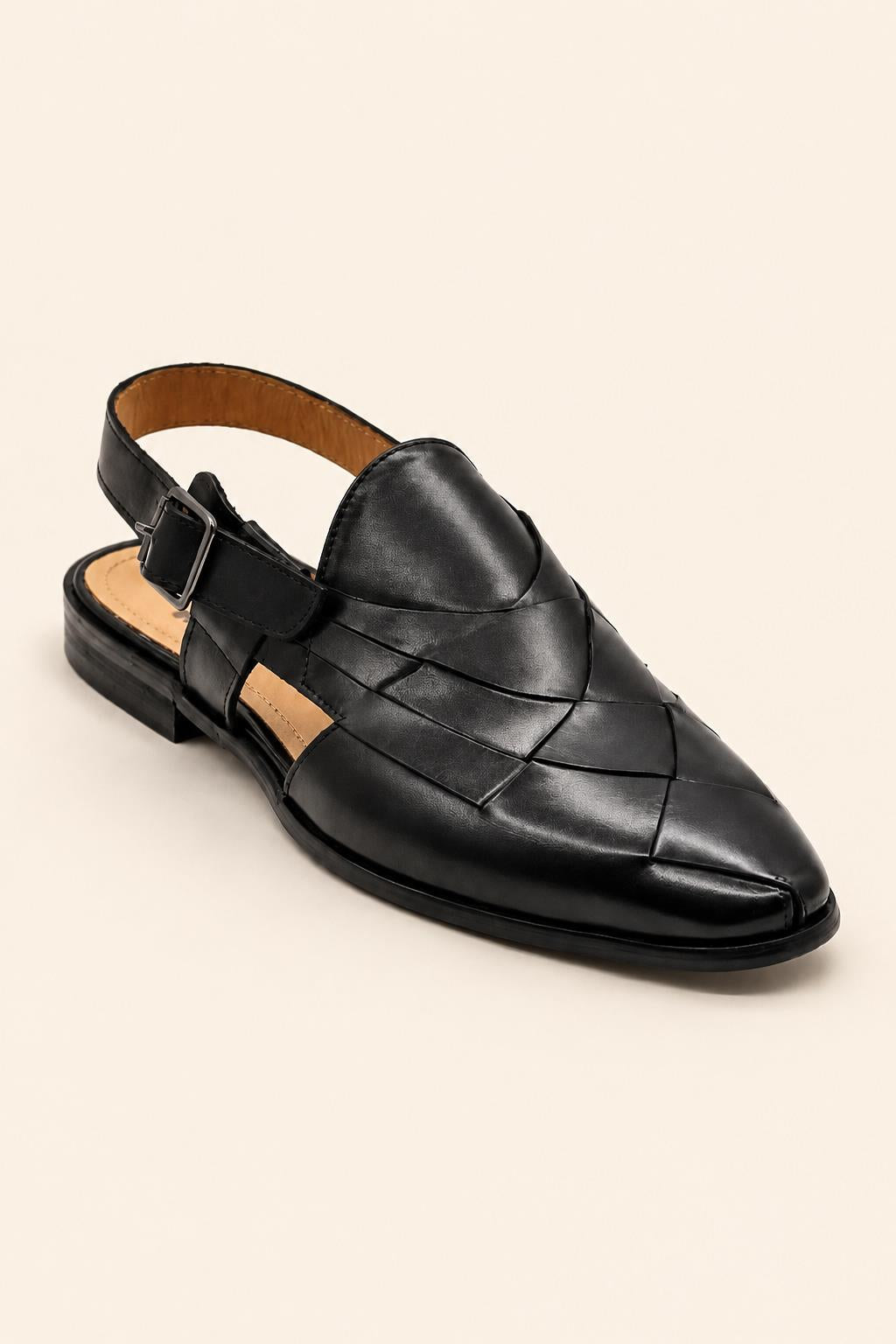 Men's Black Handmade Real Leather Woven Sandals Sartorial Shoes
